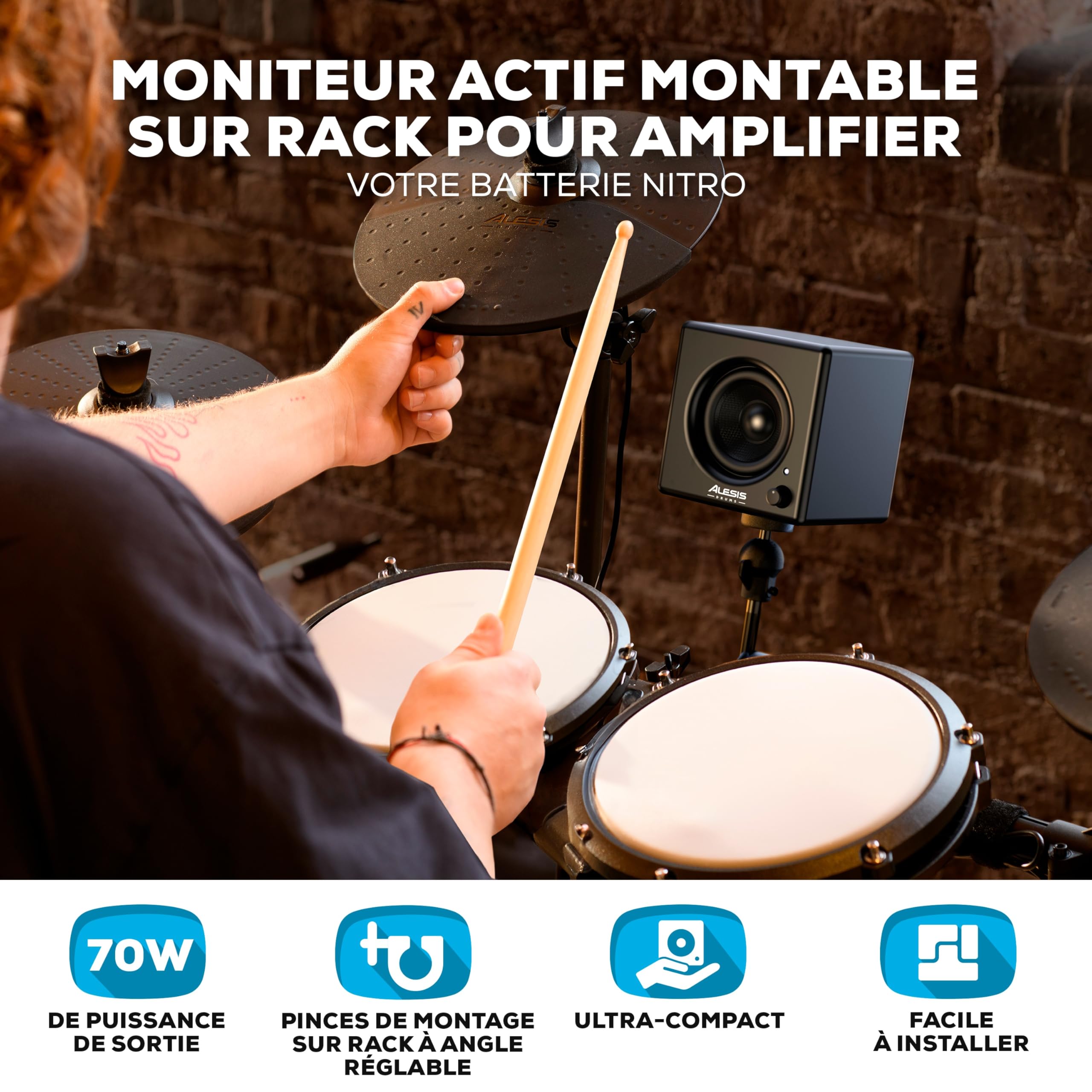 Alesis Nitro Amp - Haut-Parleur de Batterie Électronique 3" Actif 70 W Compact pour l'entraînement et Les Leçons, montable sur Rack avec Les Pinces incluses