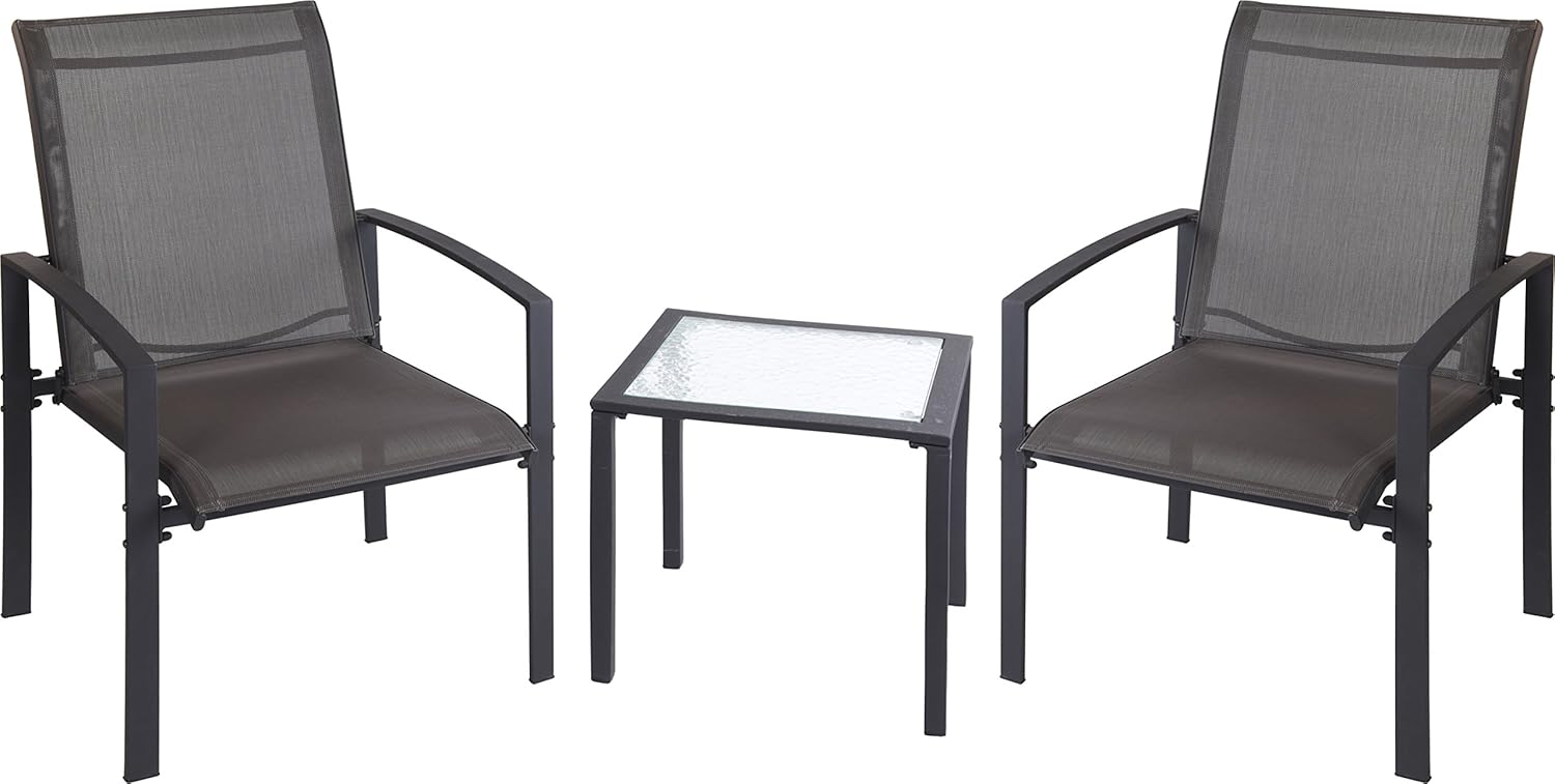 3 Piece Garden Furniture Set With 2 Patio Metal Chairs & Glass Top