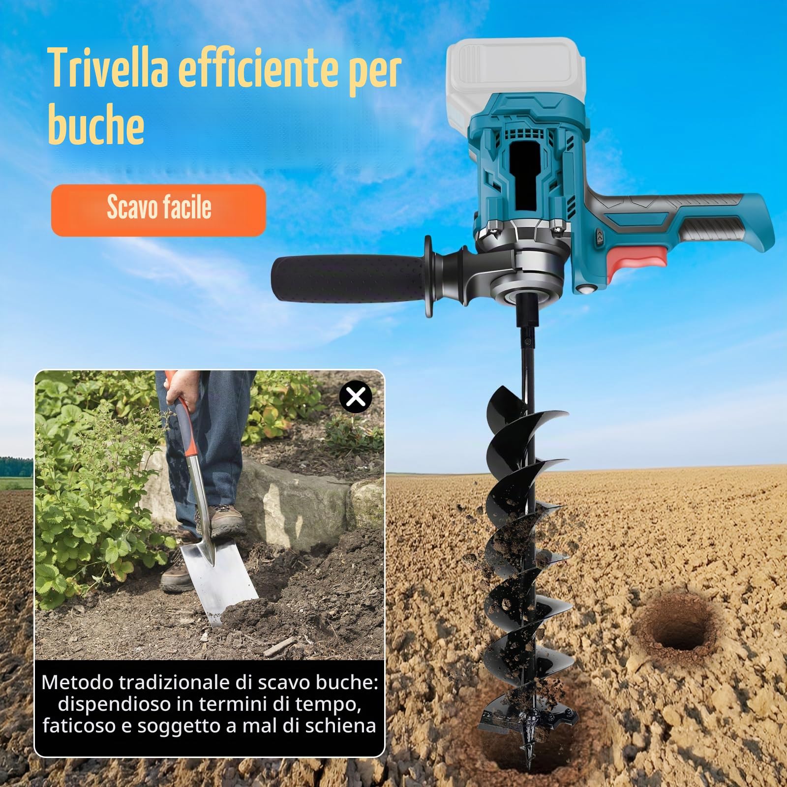 Trivella di terra compatibile con batteria 18-21 V (senza batteria), scavatrice elettrica per fori postali, trapano a 2 maniglie, interruttore di sicurezza