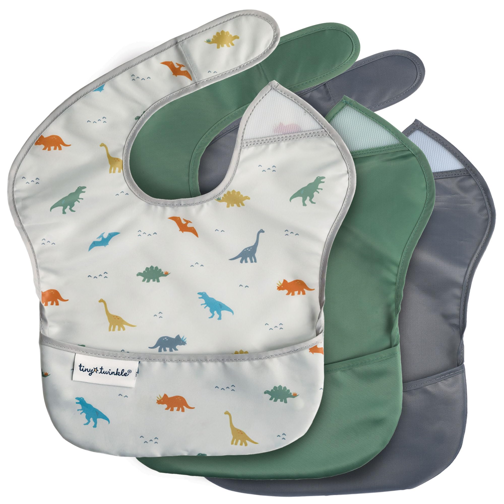 Tiny Twinkle Mess-Proof Baby Bibs for Eating | Waterproof, Wipeable Toddler Bibs with Catch-All Pocket | Feeding Bibs for Girls & Boys(3 Pack,Dinosaur Set) 3 Pack 3-pack Dinosaur