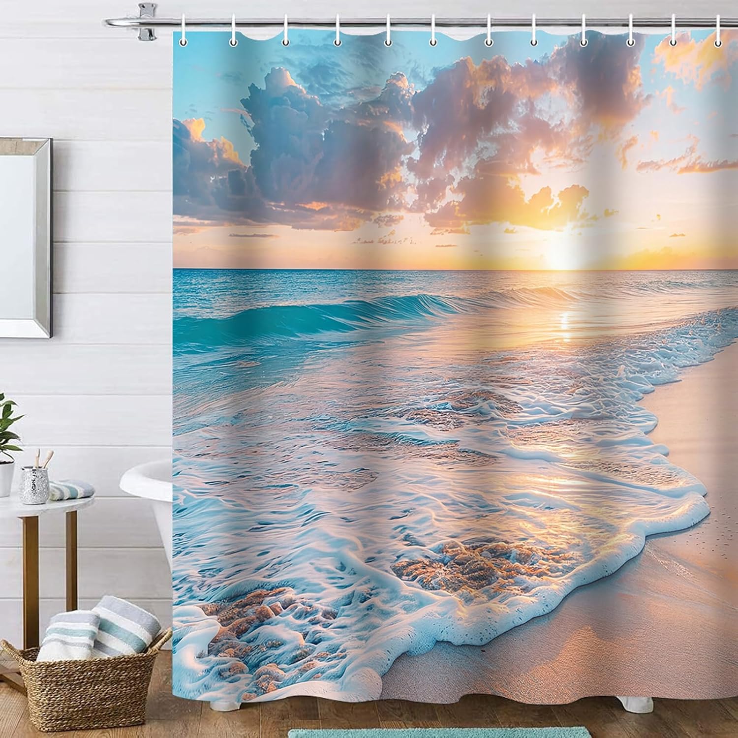 4 Pcs Beach Shower Curtain,Sunset Beach Coastal Scenic Shower Curtain Set,Waterproof Bathroom Sets with Shower Curtain and Rugs,Ocean Shower Curtains for bathroom,With 12 Hooks,Golden Orange
