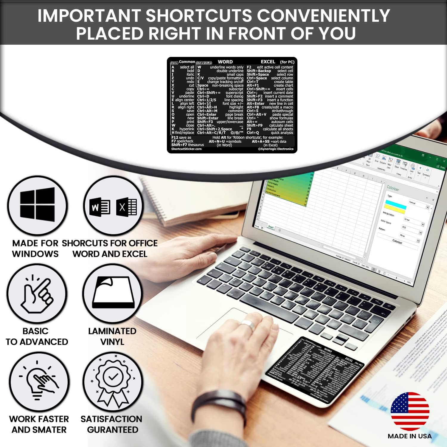 Synerlogic WordExcel - Adhesivo de acceso directo para Windows, guía de referencia, adhesivo de acceso directo de teclado  Esenciales para trabajar