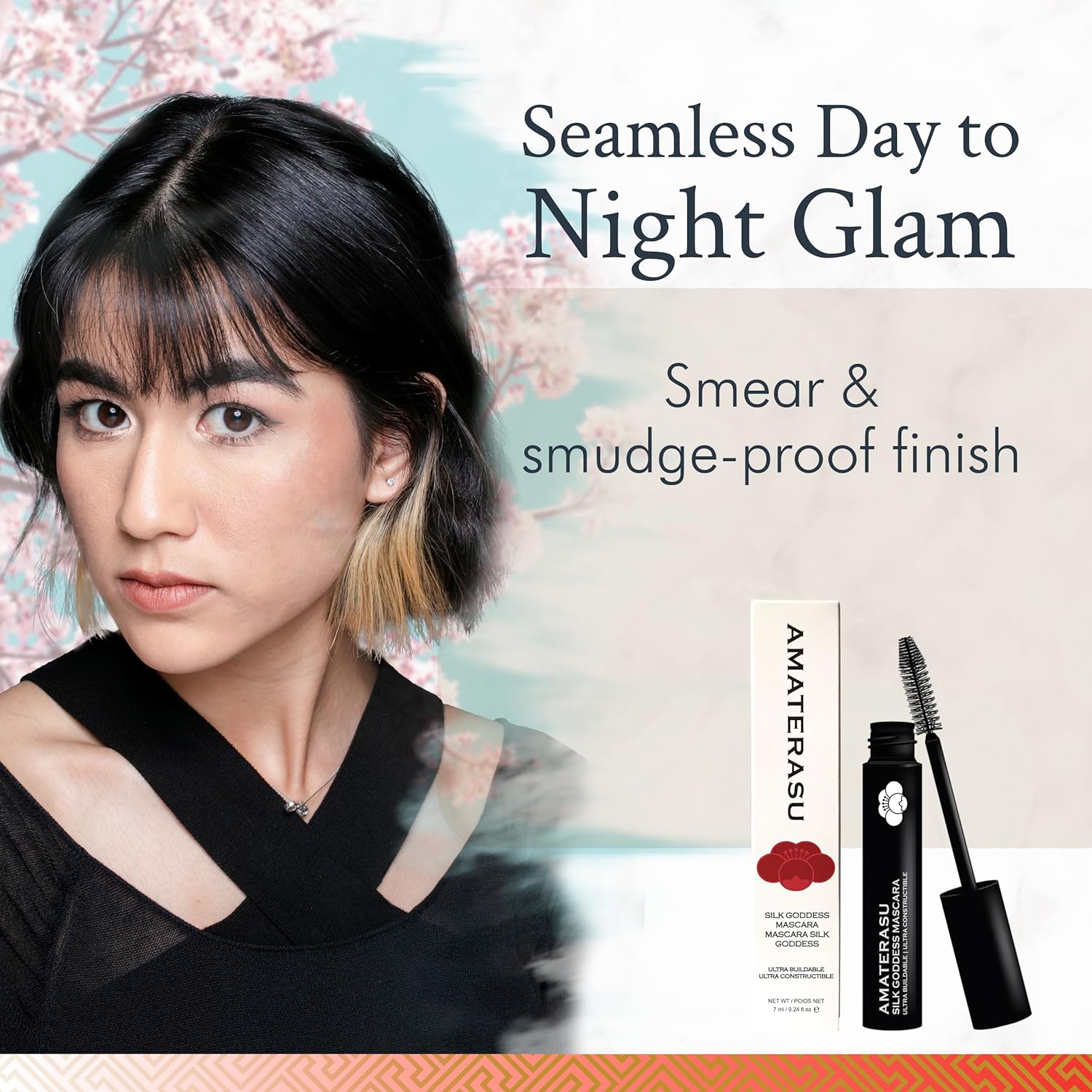 Mascara for 3D Fiber Lashes Effect - Silk Goddess Fiber Mascara with Japanese Silk Powder - Smudge Proof, Light Finish Fiber Lash Mascara for Volume & Length - Warm Water Washable Mascara, Amaterasu