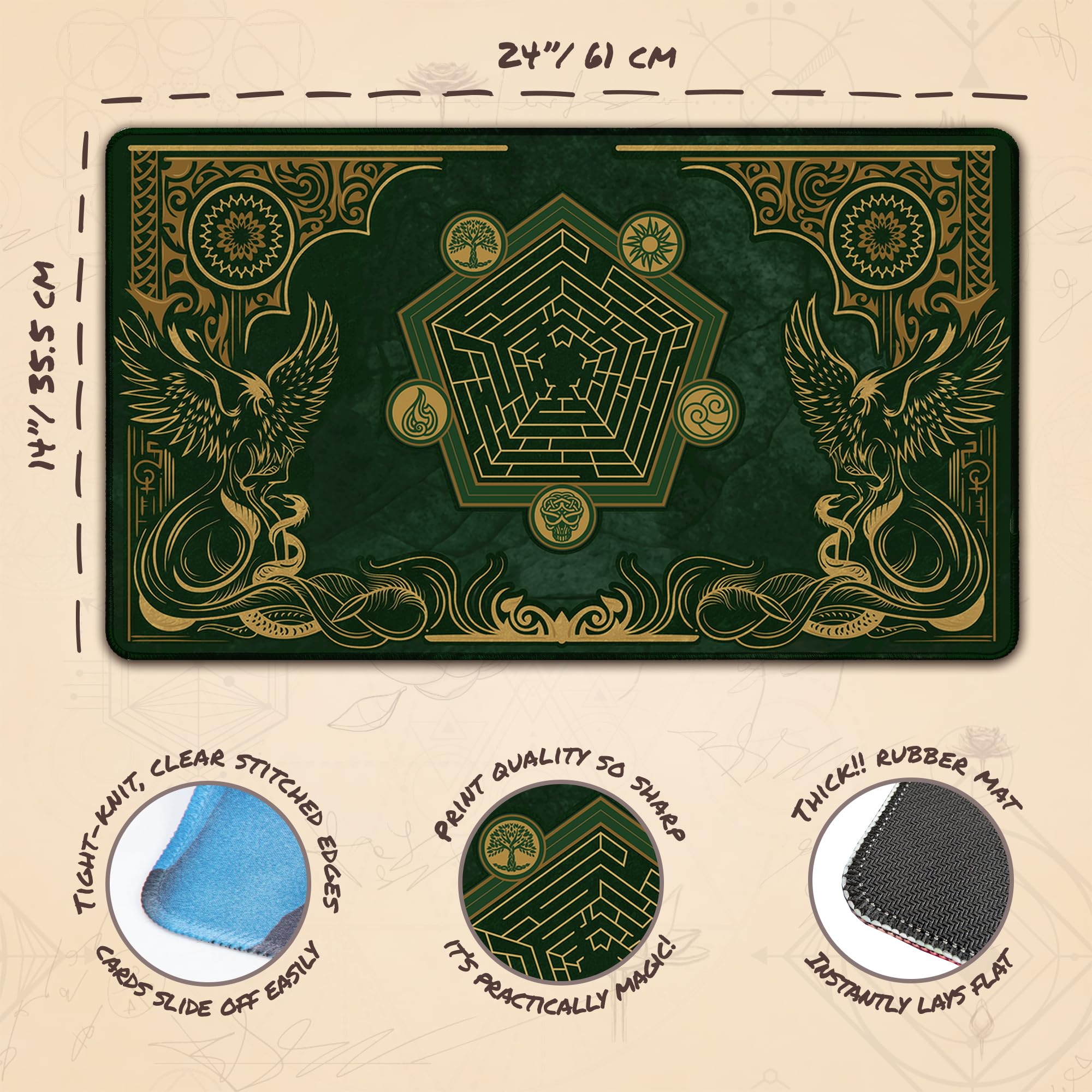 Emerald Phoenix (Stitched) MTG Playmat Compatible with Magic the Gathering YuGiOh TCG Original Play Mat Art Design