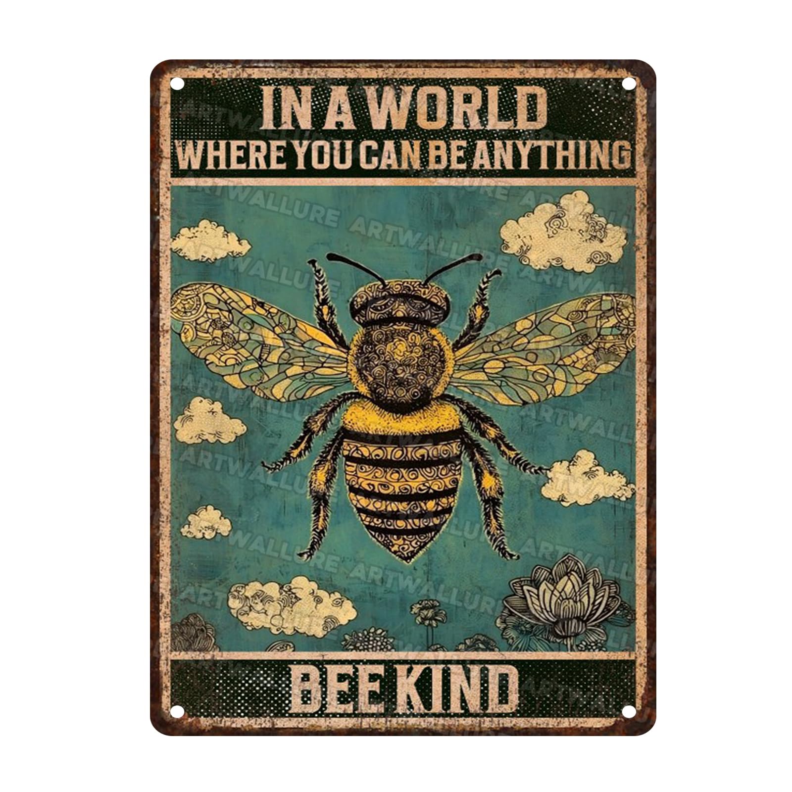 Bee Vintage Sign Floral and Bee Art Decor Metal Tin Sign Hippie Wall Home Kitchen Decor 12x16inch