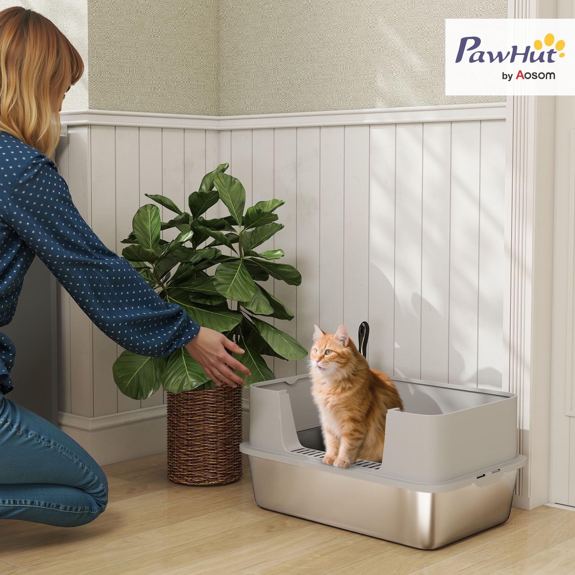 PawHut Arenero para Gatos de Acero Inoxidable XL Pala 60x40x29,5 cm Gris | Caja de Arena para Gatos Arenero, con Borde Alto, Fácil de Limpiar, Prueba de Fugas