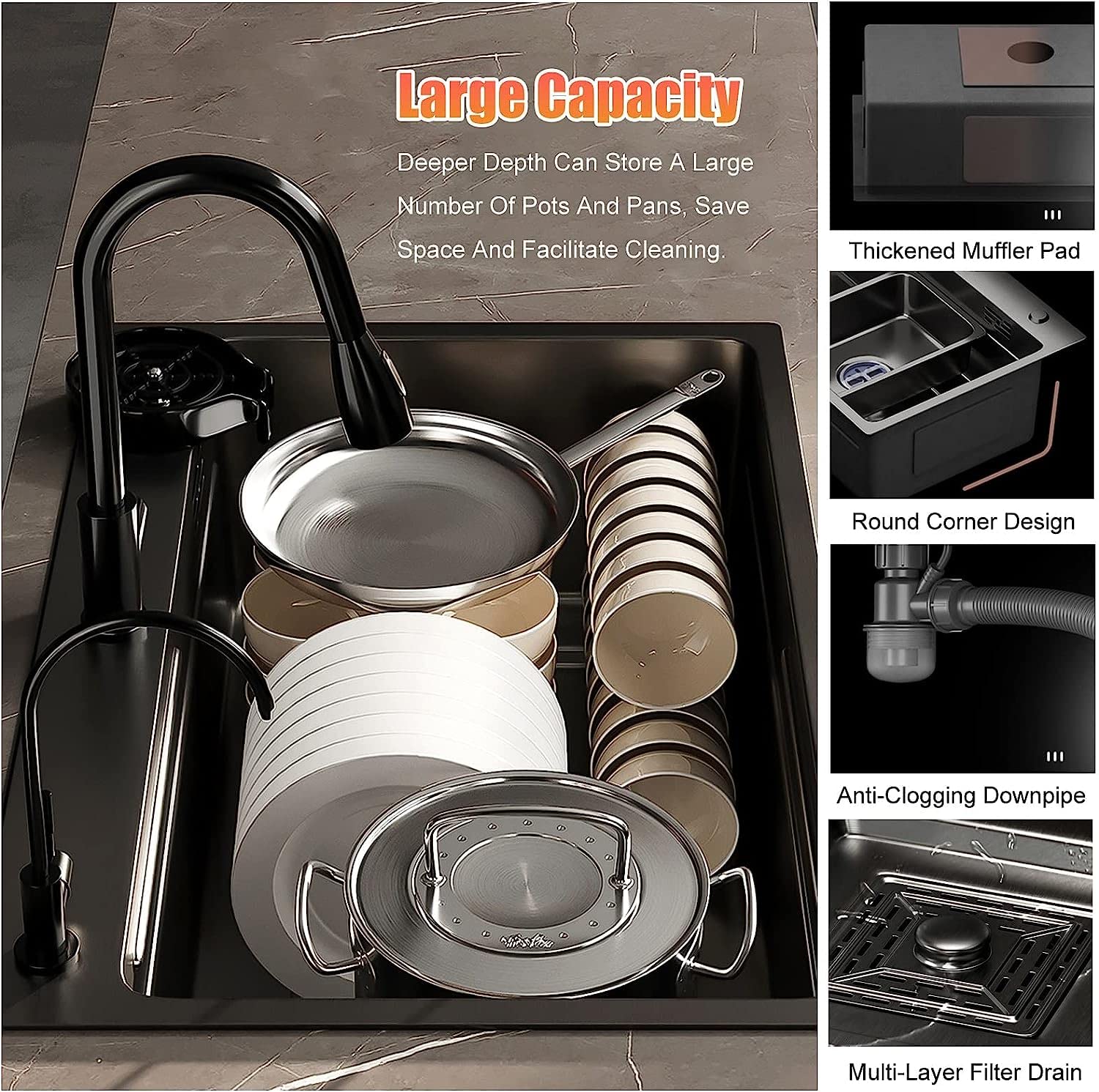 Fregadero de cocina con grifo extraíble y accesorios para instalación moderna en el hogar
