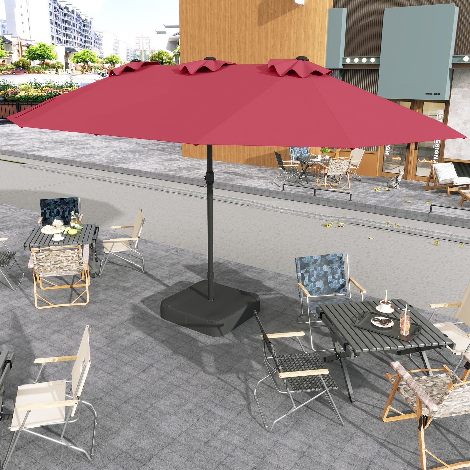 RELAX4LIFE Grand Parasol Double avec Pied 4,7M, Grand Parasol de Jardin Extérieur avec Manivelle, 12 Baleines, Base Croix, Sacs de Sable, Ventilé, Protection Solaire pour Terrasse Marché (Rouge)