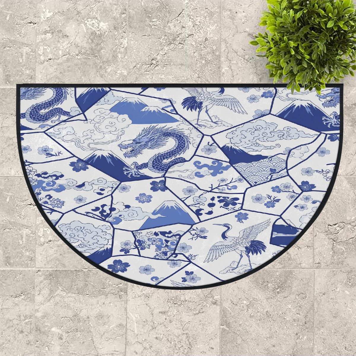 Kintsugi große halbrunde Fußmatte, blau-weißes Porzellan, waschbar, rutschfest, halbrund, Eingangsbereich, niedlich, weich, halbrund, saugfähig, Teppich für Küche, Badezimmer, Schlafzimmer