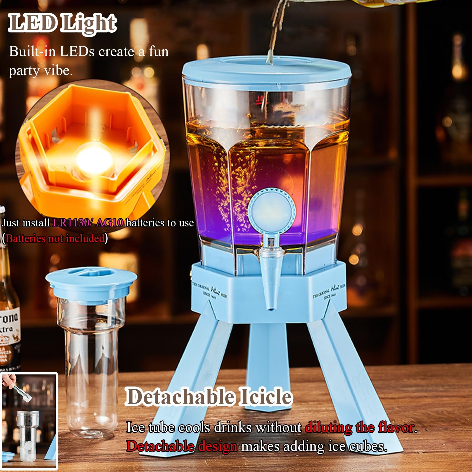 UrbanUp Spillatore Birra da Casa Torre di Distribuzione di Alcolici Luminosa per Picnic, Portatile, Frigorifero per Bevande da 3 Litri per Limonata/Vino, Distributore di Birra(Red)
