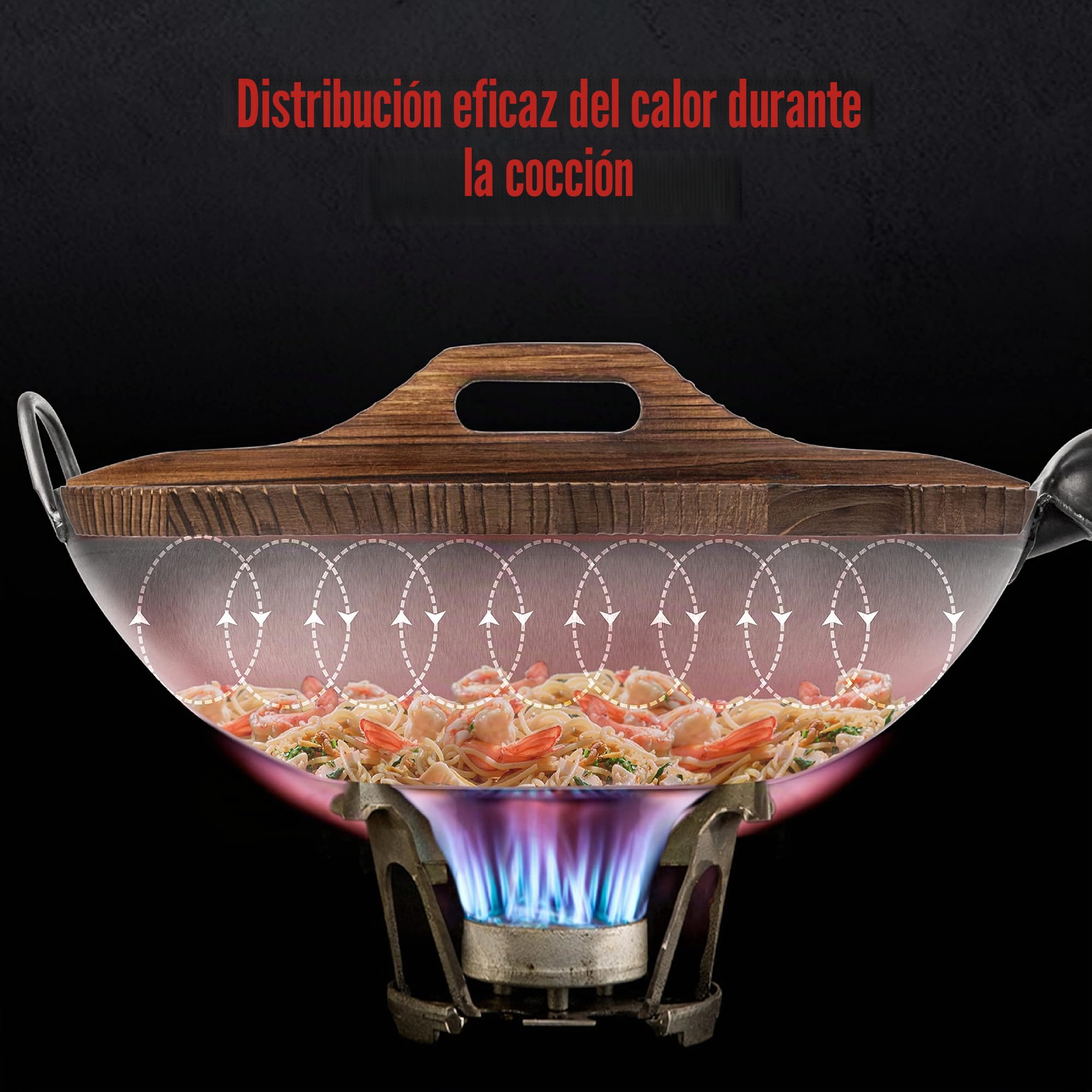 YOSUKATA Sartén Wok de Acero al Carbono 34 cm + Tapa Para Sartén Wok de Madera Natural de 34 cm