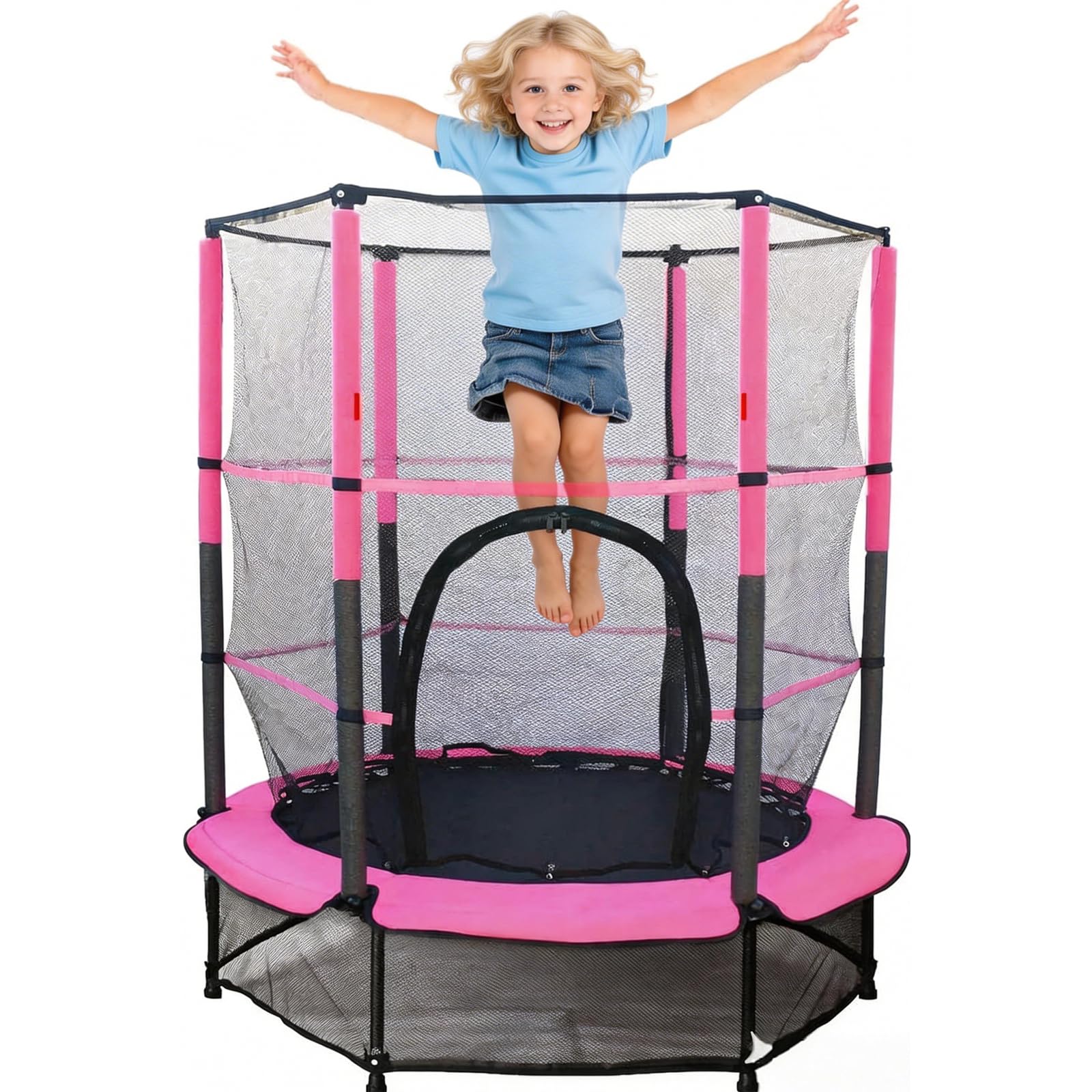 55" Kinder Trampolin,Gartentrampolin mit Sicherheitsnetz Robuster Stahlrahmen & Rahmenabdeckung,Indoor/Outdoor für Kinder von 3-6 Jahren,Rosa