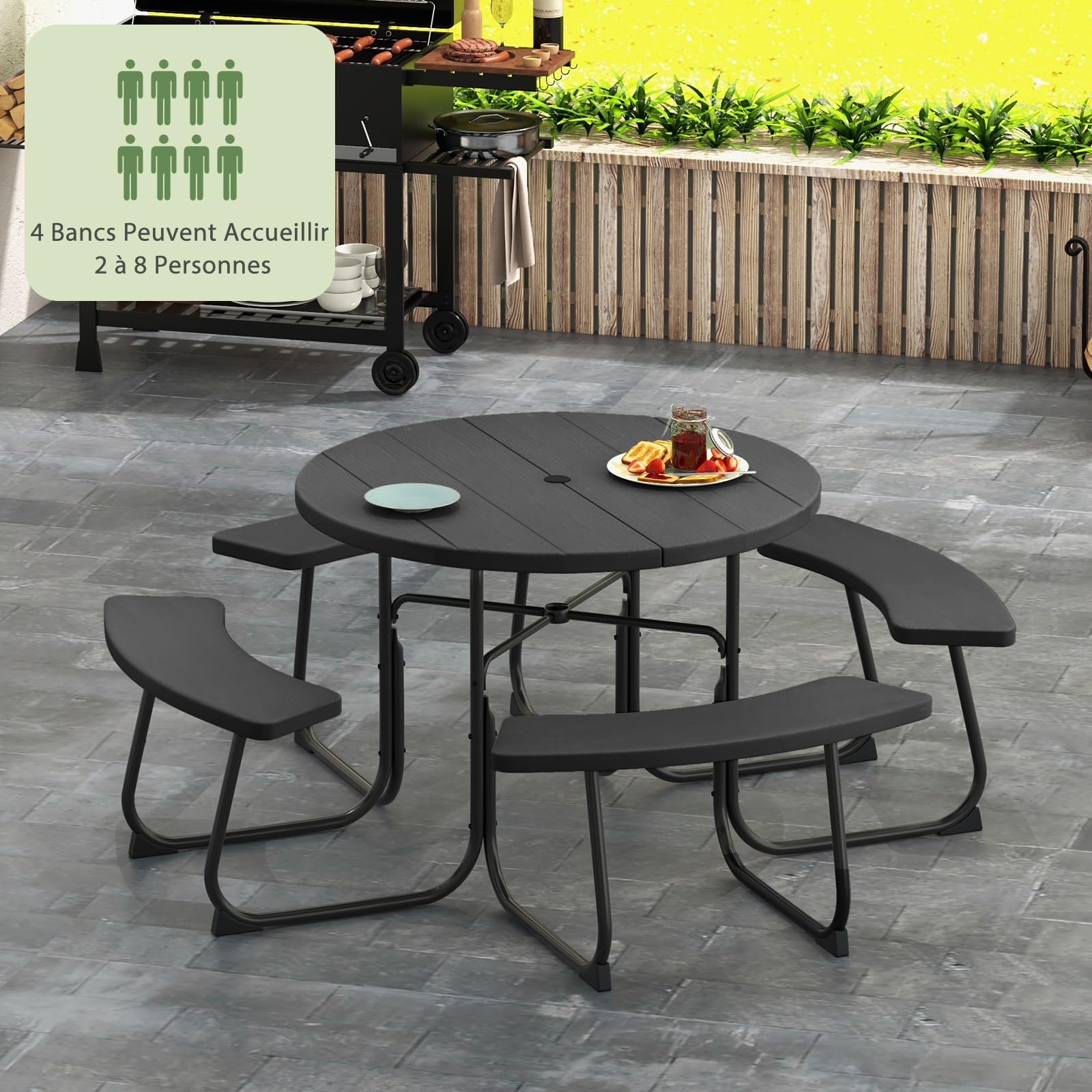 GOPLUS Table de Pique-Nique avec 4 Bancs Intégrés pour 4 à 8 Personnes, Table Jadin Exterieur en HDPE avec Trou pour Parasol,Ronde en Plein Air, Cadre en Métal,Charge 225KG+135KG(Noir)