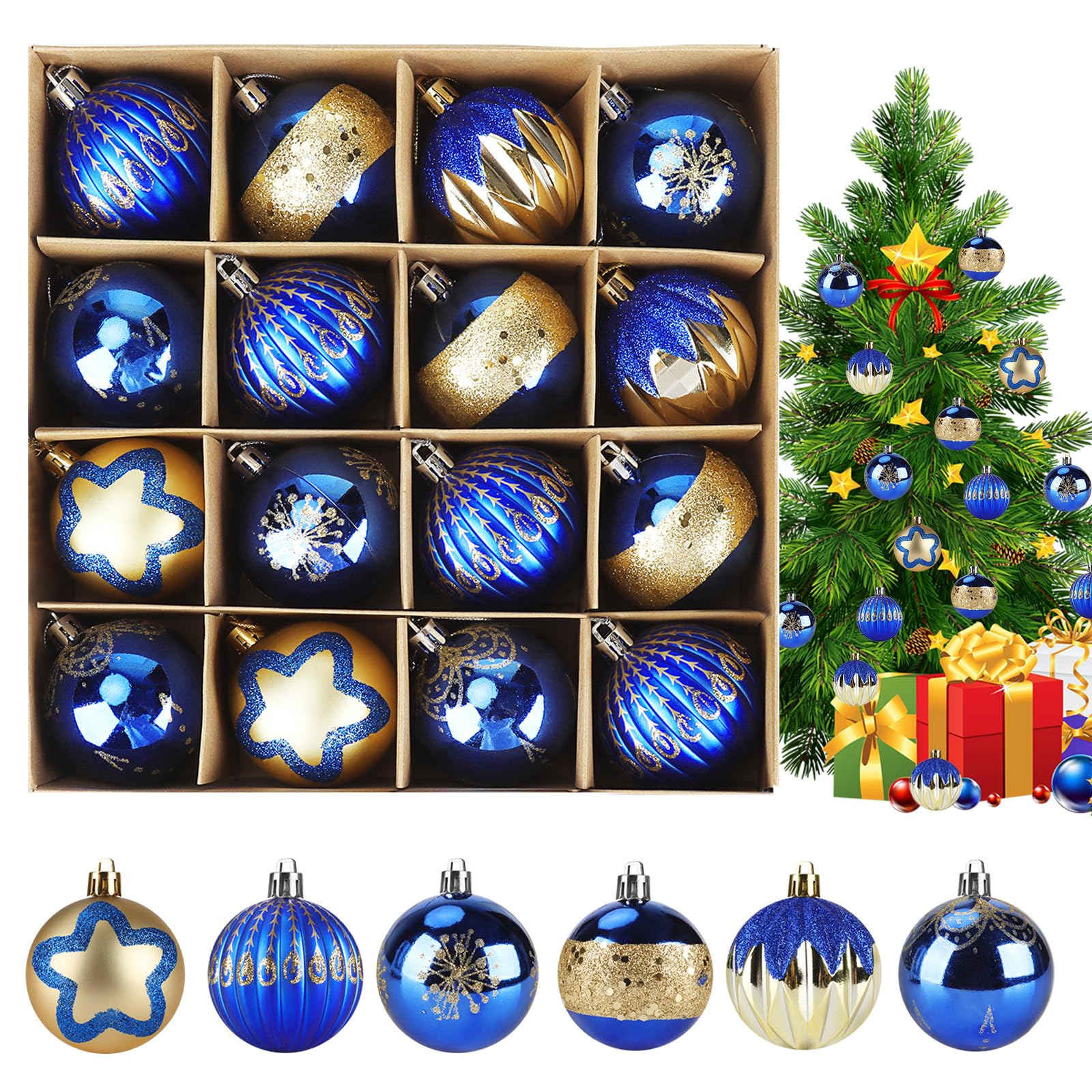 KIMIGO Bolas de Navidad para árbol,Juego de 16 Doradas y Azul Adornos Arbol Navidad,DecoracióN para Colgar en Fiestas de Temporada,Decoración del Hogar y Decoración de Jardines al Aire Libre