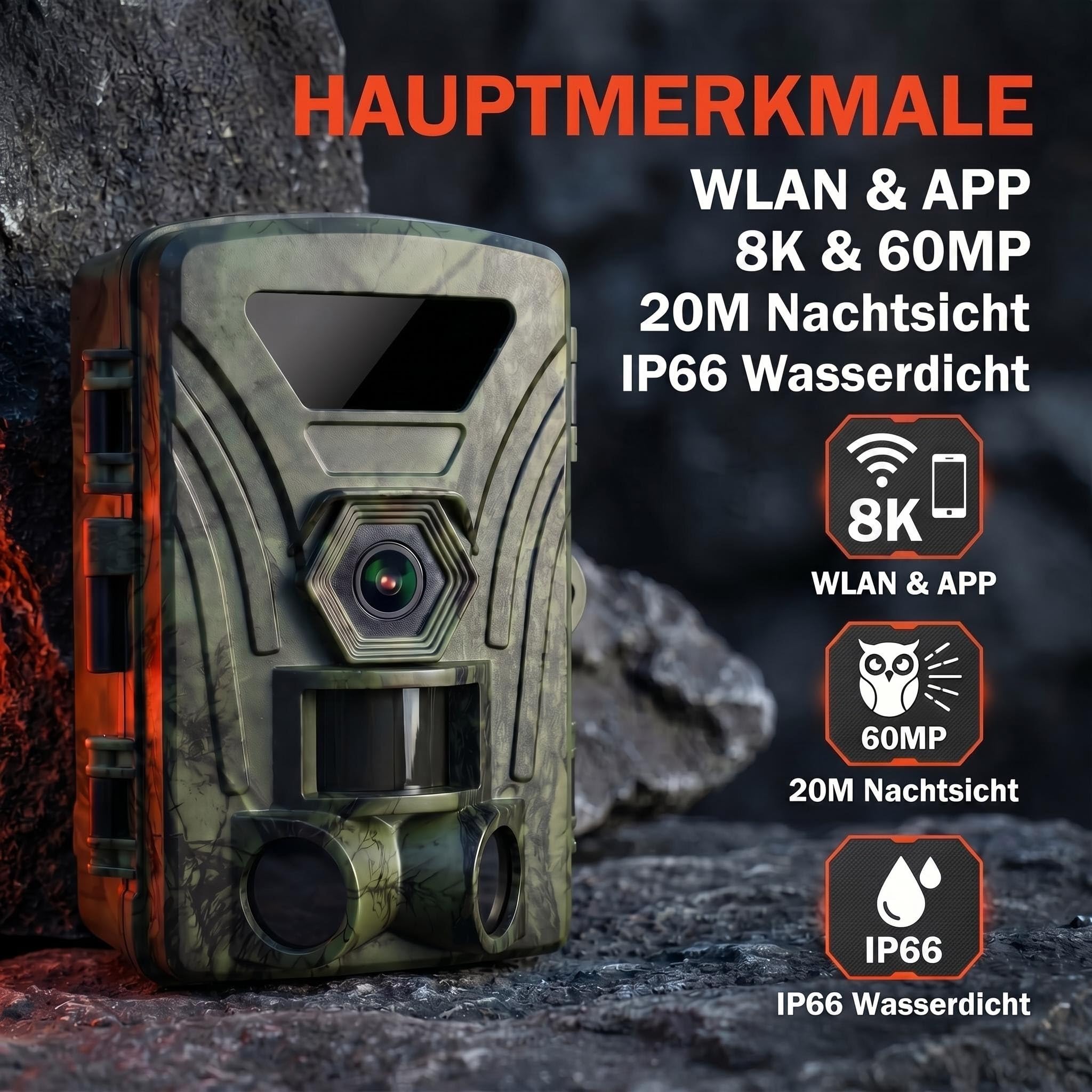 8K Wildkamera WLAN, 60MP Full HD Wildkamera mit Handyübertragung App, Infrarot Wildtierkamera mit 32G SD Karte, Bewegungssensor, Nachtsicht, 0,1s Auslösezeit, IP66
