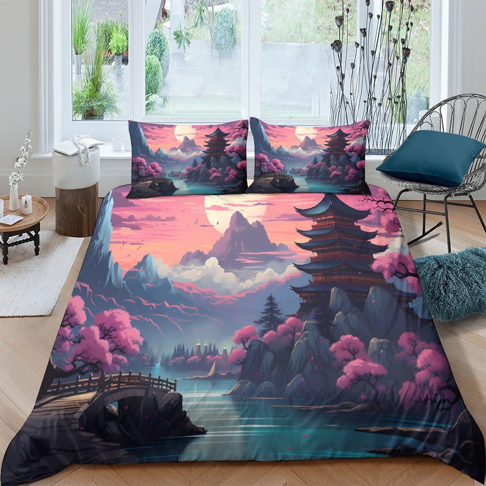 Ctjqhvkz Style-6 3D Printed Sakura Landscape Fitted Sheet Microfiber Soft Breathable Japanese Pagoda Mattress Cover Bedroom Decor Single（135X200cm）