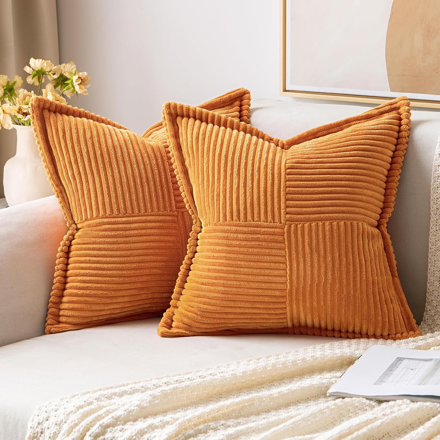 MIULEE Burnt Orange Pillow Covers 20x20 Inch with Splicing Set of 2 Super Soft Boho Striped Corduroy Pillow Covers Broadside Decorative Textured Throw Pillows for Couch Cushion Livingroom 20" x 20" (Pack of 2) Burnt Orange