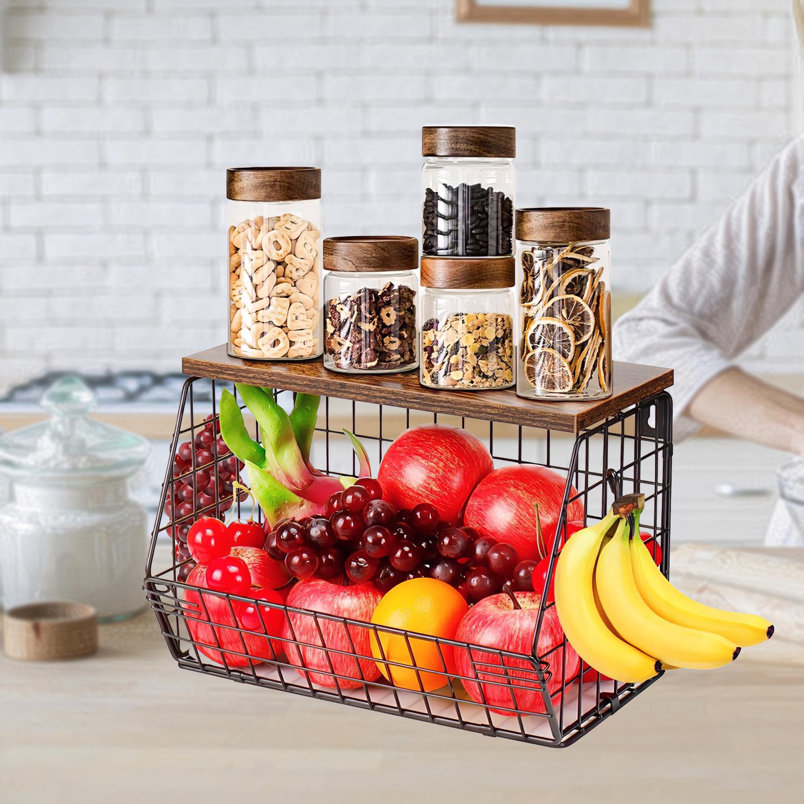 Frutero y Organizador de Cocina Plegable | Almacenaje Apilable para Mesa y Pared | con Tabla de Madera y Ganchos | Negro, Acero al Carbono