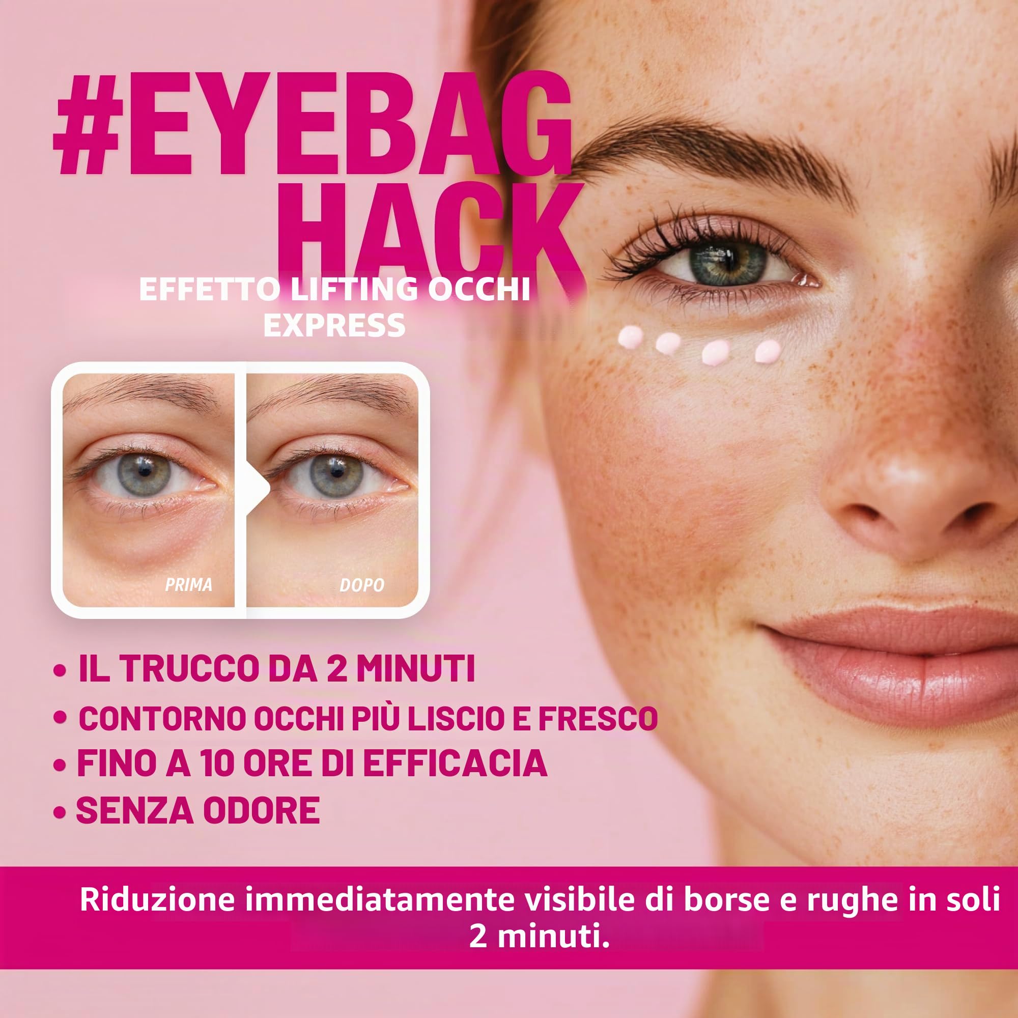 EYEBAGHACK - Effetto Express Eyelift contro le borse e le rughe, occhi visibilmente lisci in 2 minuti, tecnologia Invisible Flex Film per un effetto fino a 10 ore, 5x mini tubetti richiudibili
