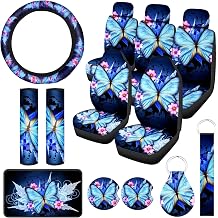 15 Pcs Butterfly Car Seat Covers Full Set Butterfly Car Seat Covers for Car Front Rear Seat Covers Steering Wheel Cover Wrist Strap Coasters Armrest Pad Shoulder Pads Blue Artsy Butterfly Style