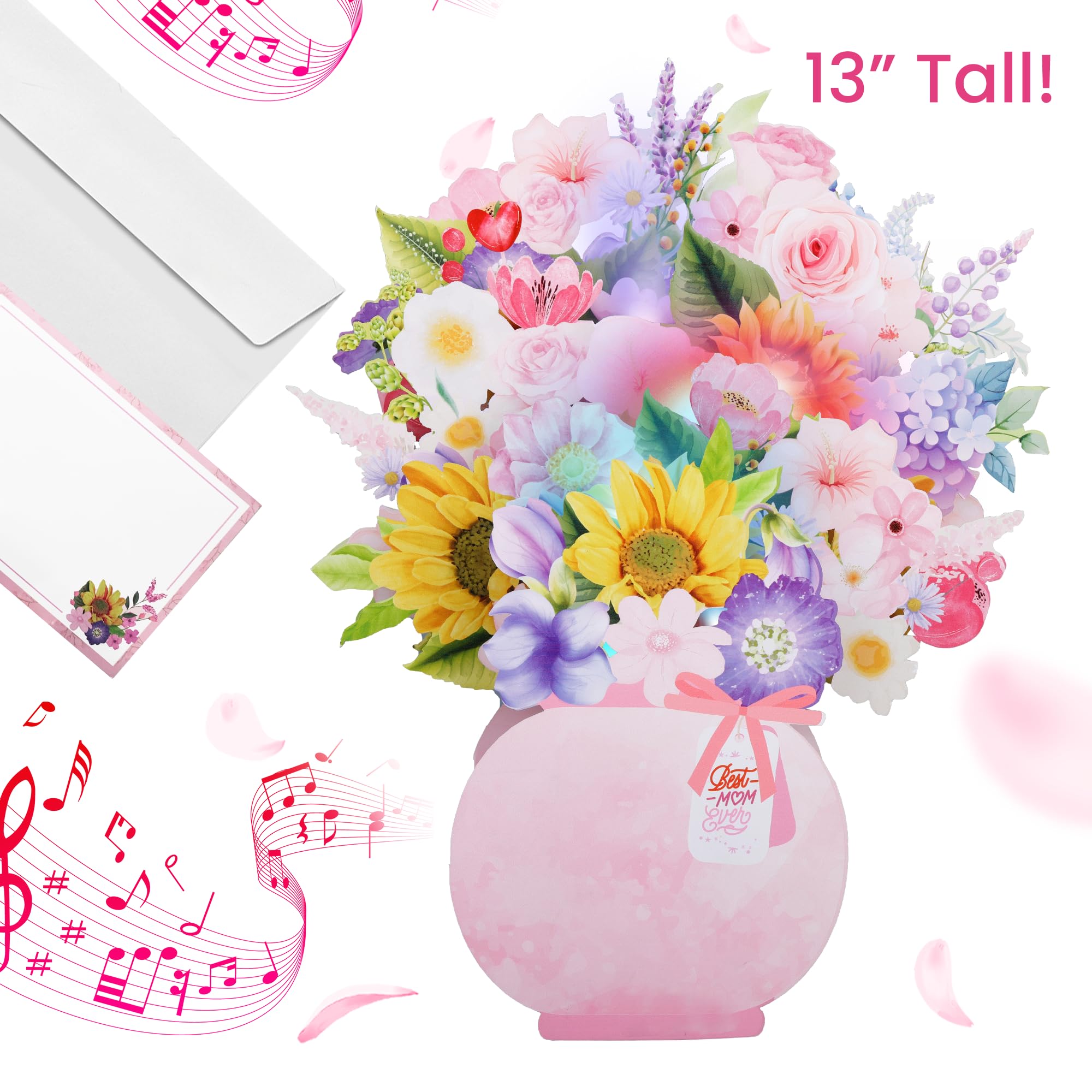 Tarjeta Emergente 3D Para El Día De La Madre, Ramo Flores Surtidas Con Luz Musical, Felicitación Floral Decorativa, Sobre Y Notas En , Perfecta Cumpleaños, Blanco