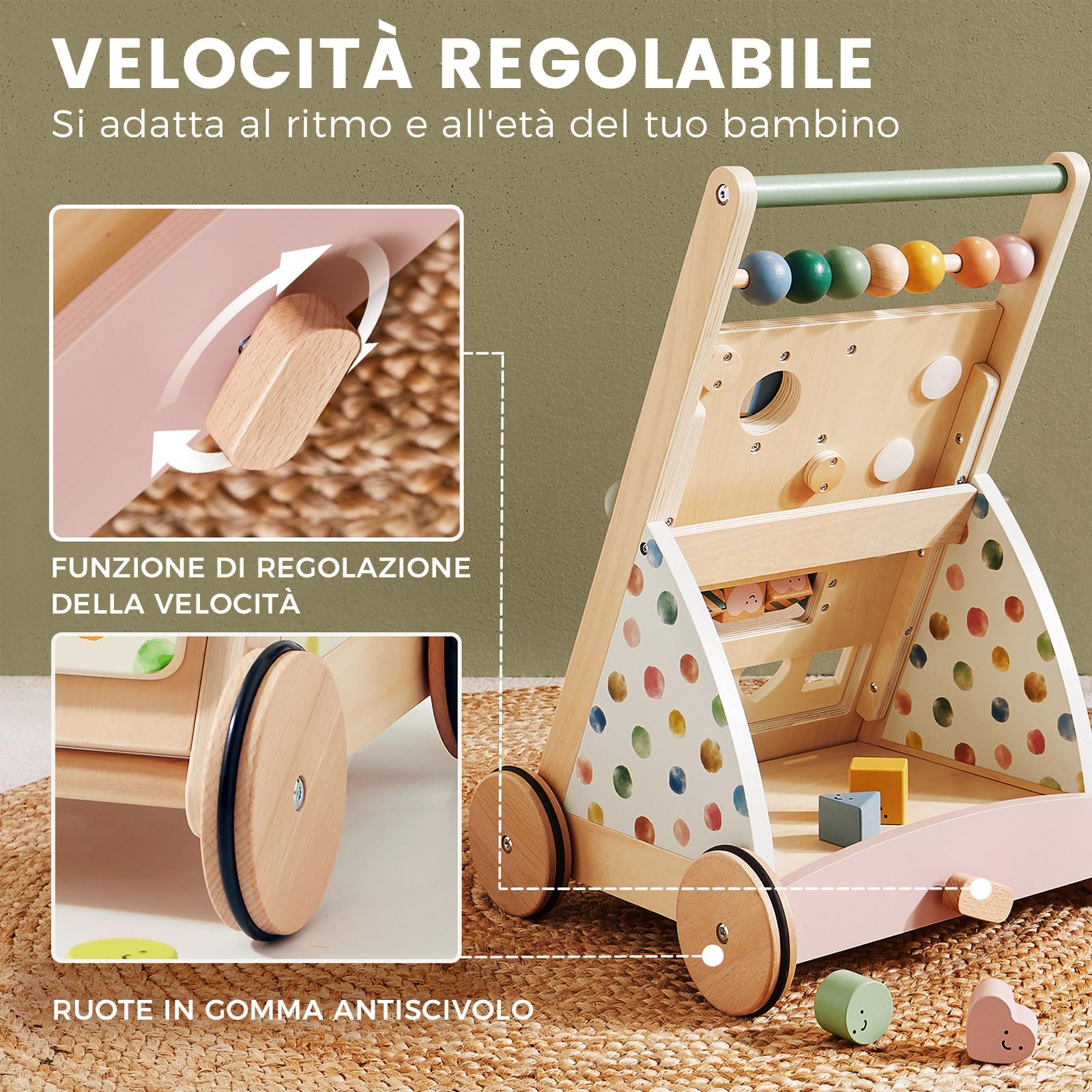 Tiny Land girello in legno, Set Baby Walker, ausilio per imparare a camminare con velocità regolabile per bambini e bambine, ausilio per camminare e centro attività per bambini