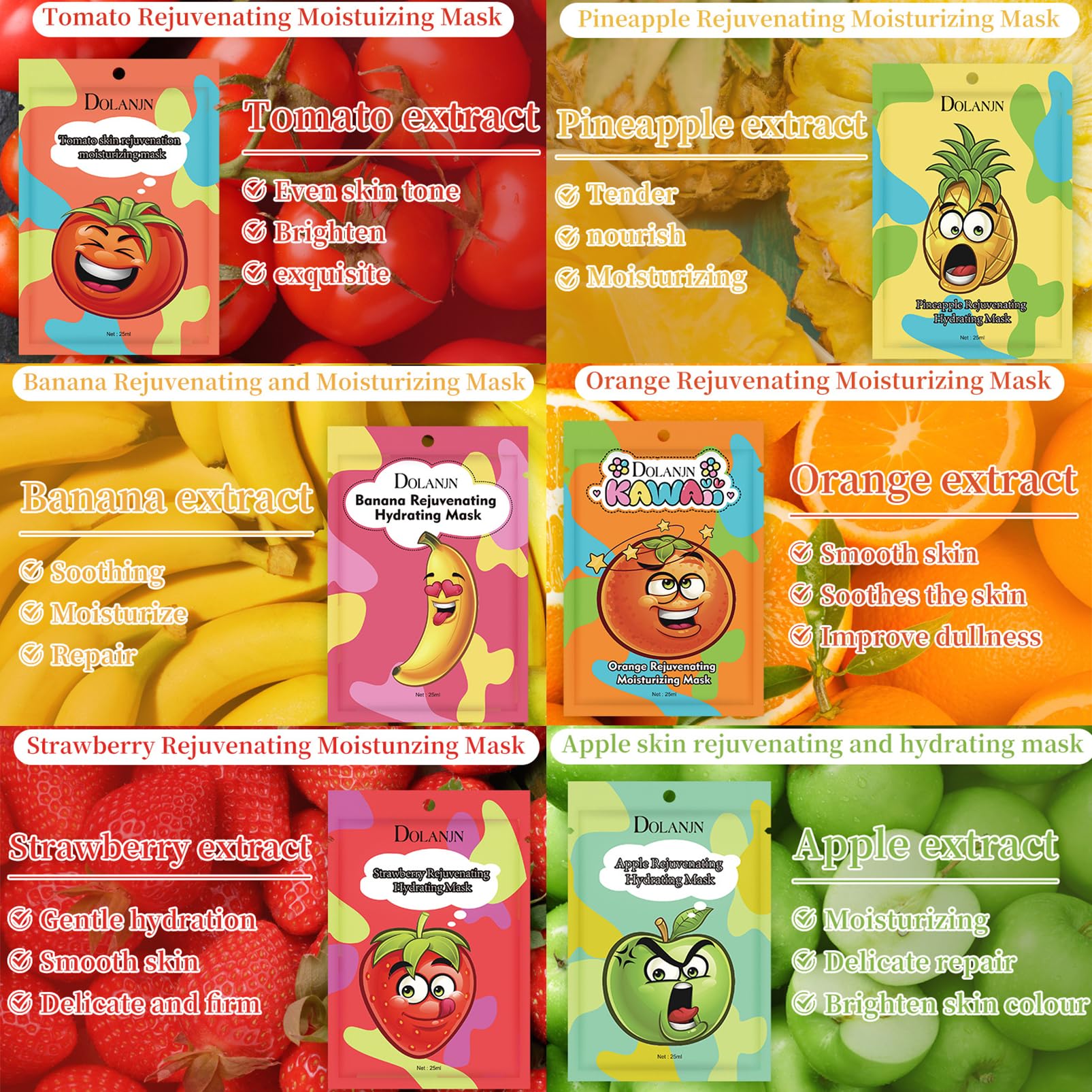 Face Masks Skincare- 6 Sheet Face Mask Moisturizing And Smoothing-Fruit Face Mask Gift Set Improve Dullness & Brighten-Sheet Face Mask Gifts For Teenage Girls for All Skin Types 6Pcs - Image 2