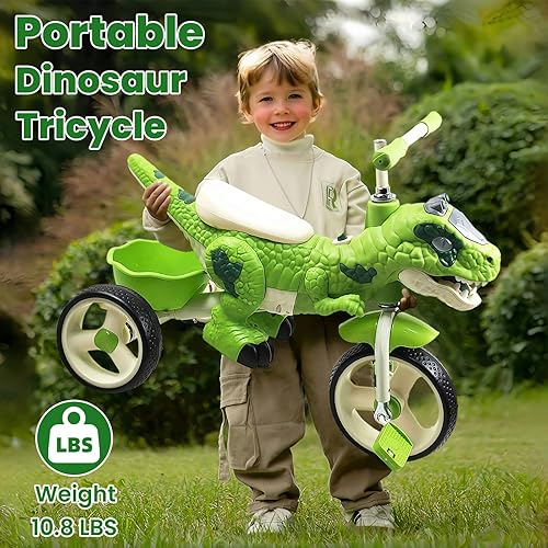 Miniatura 5 de Triciclo de dinosaurio para niños de 3 a 7 años, triciclo para niños pequeños, rueda grande con luces, música y neumáticos sin aire, para interiores