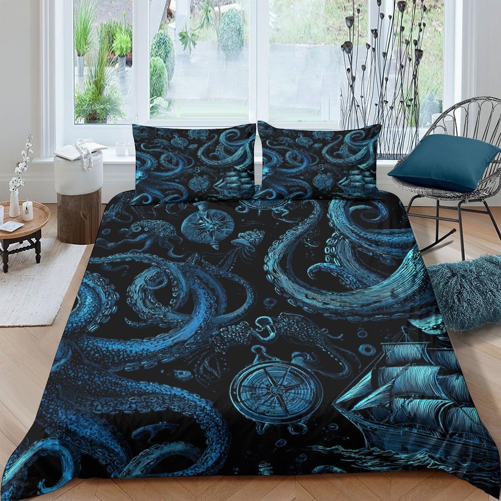 Ctjqhvkz Style-1 3D Printed Blue Octopus Fitted Sheet Microfiber Anti-Slip Underwater Tentacle Mattress Cover For Bedroom Dorm Easy Care Decor Single（135X200cm）