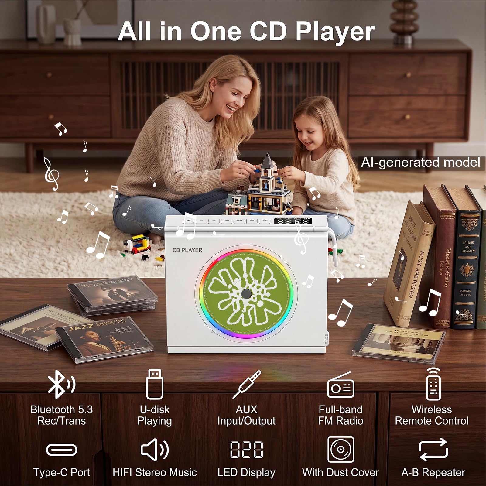 Gueray Lettore CD Portatile Bluetooth 5.3 Altoparlante HiFi Batteria Ricaricabile 4000mAh Design Libreria