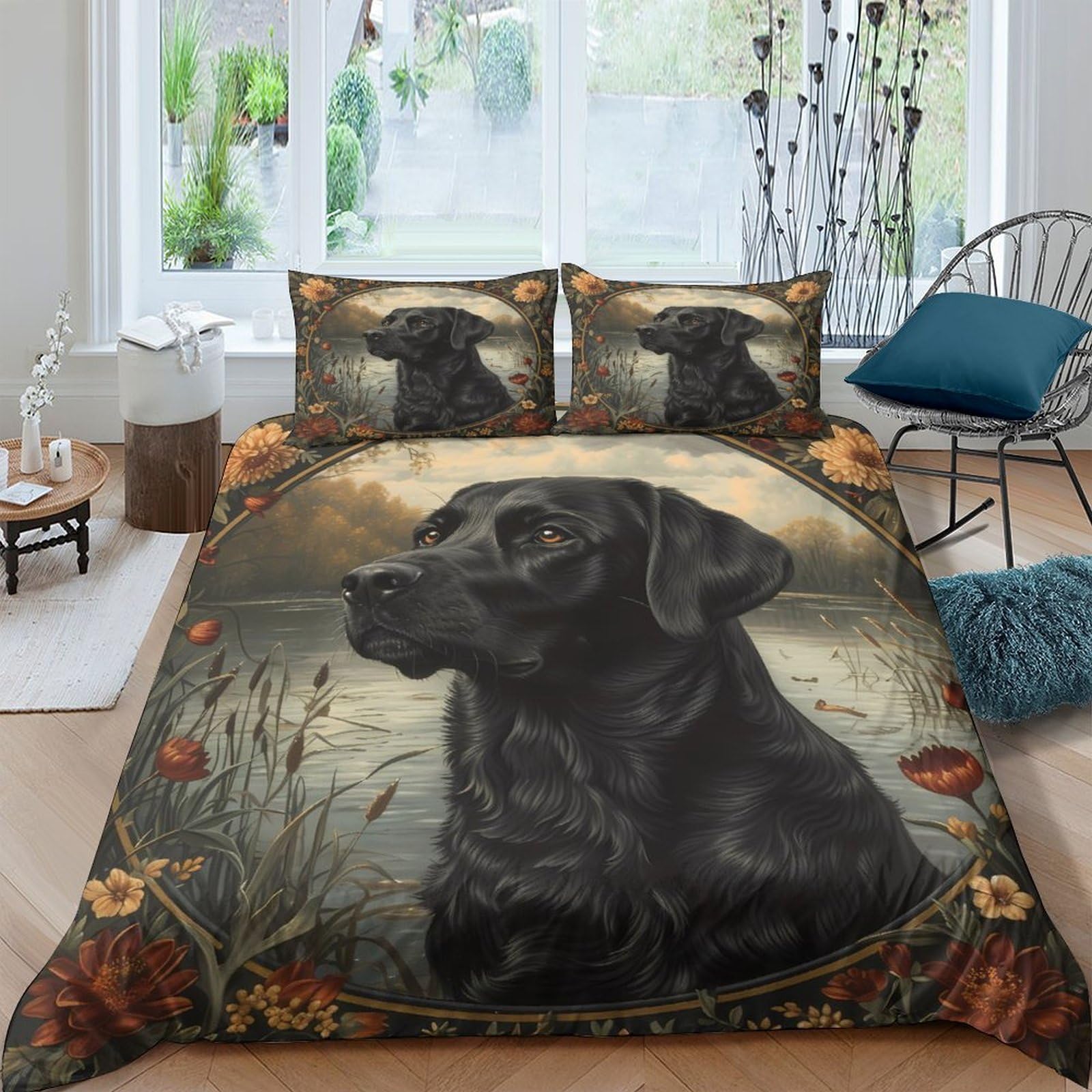 Ctjqhvkz Style-6 3D Printed Black Labrador Dog Fitted Sheet Microfiber Soft Anti-Slip Autumn Forest Bed Cover For Bedroom Guestroom Decor Single（135X200cm）