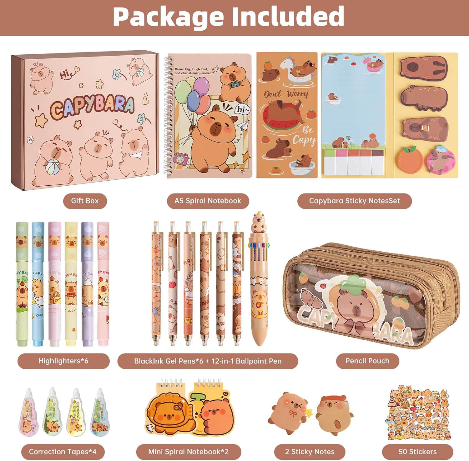 Capybara Stationery Gift Set for Kids, 25PCS Cute School Supplies Kit w/Pencil Case, Notebook & Stickers, Kawaii Aesthetic Office Desk Accessories for Girls Boys Ages 5-14