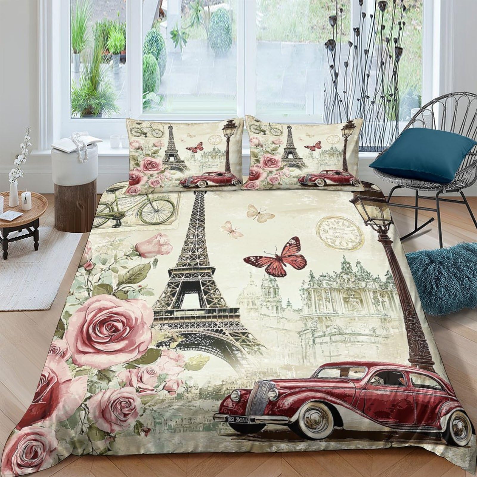 Ctjqhvkz Style-5 3D Printed Eiffel Tower Vintage Car Fitted Sheet Microfiber Floral Butterfly Mattress Cover Bedroom Decor Bedding Single（135X200cm）
