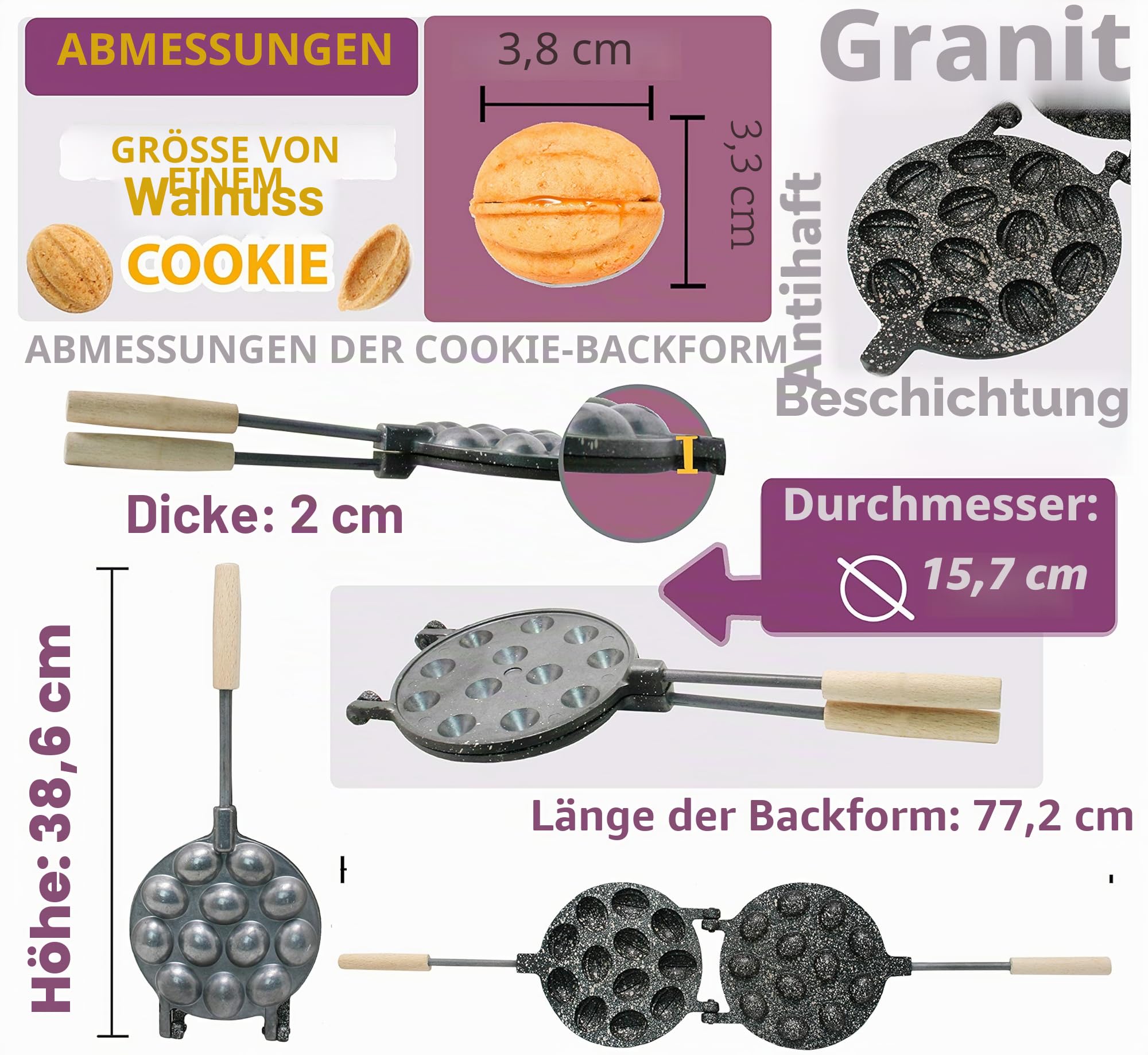 Nussformen Für Gefüllte Nüsses 12 Mulden Antihaftbeschichtung Granit Stein - Nuss Waffeleisen Für Oreschki Maker - Oreschniza - Nussform Backen 12 Hälfte - Nussbäcker Oreschki - WalNuss Backform