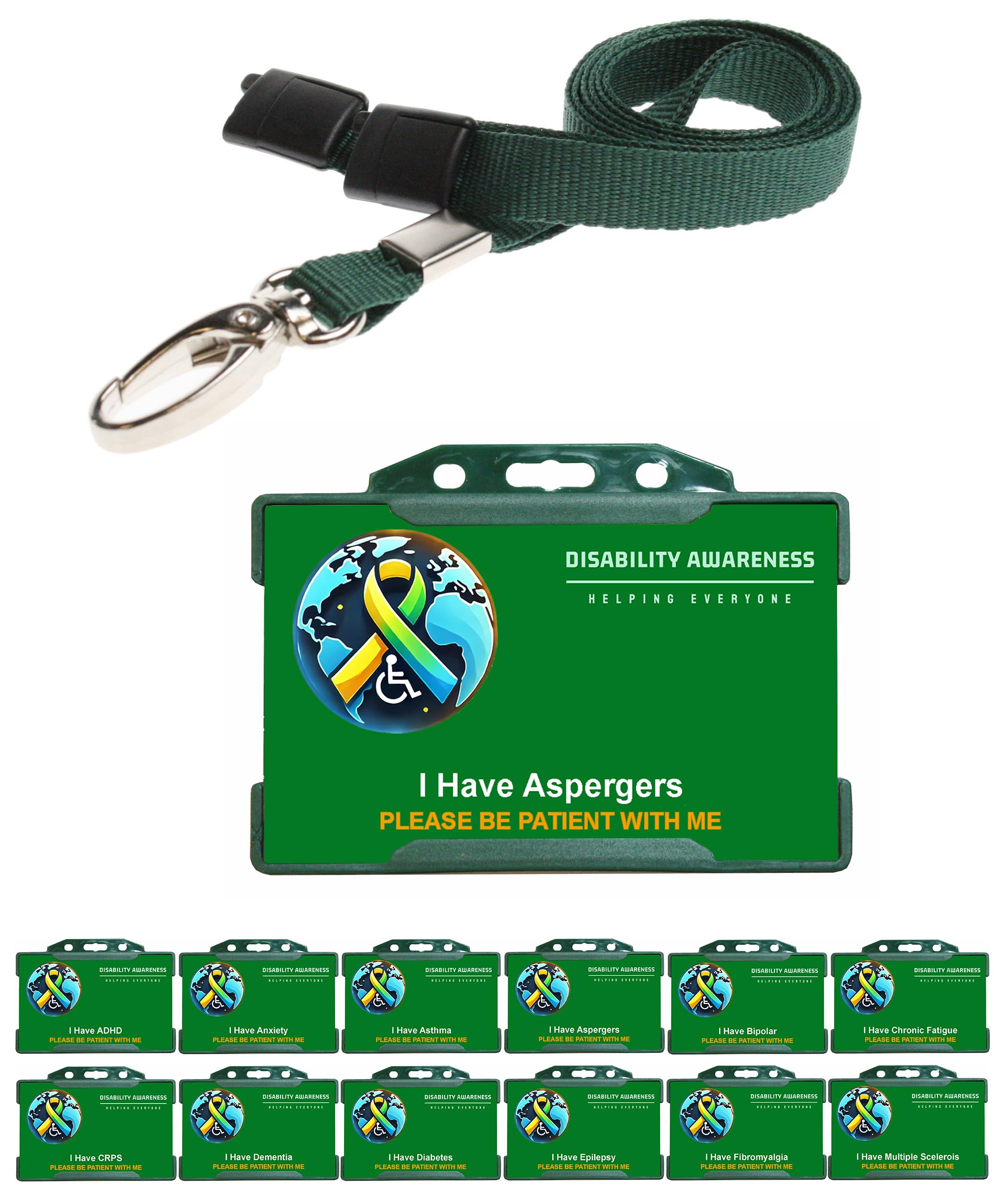 Quantum leap Aspergers Awareness Badge with Plain Hidden Disabilities Lanyard, Uniting The World Logo Hidden Disability Card with Green Badge Holder and Green Lanyard โ image 1