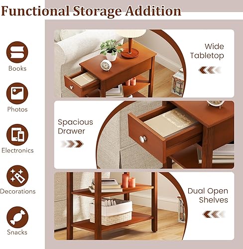 Miniatura 4 de Giantex Juego de mesa auxiliar estrecha de 2, mesas auxiliares de granja con cajón y estantes de almacenamiento, mesa auxiliar de sofá de madera,