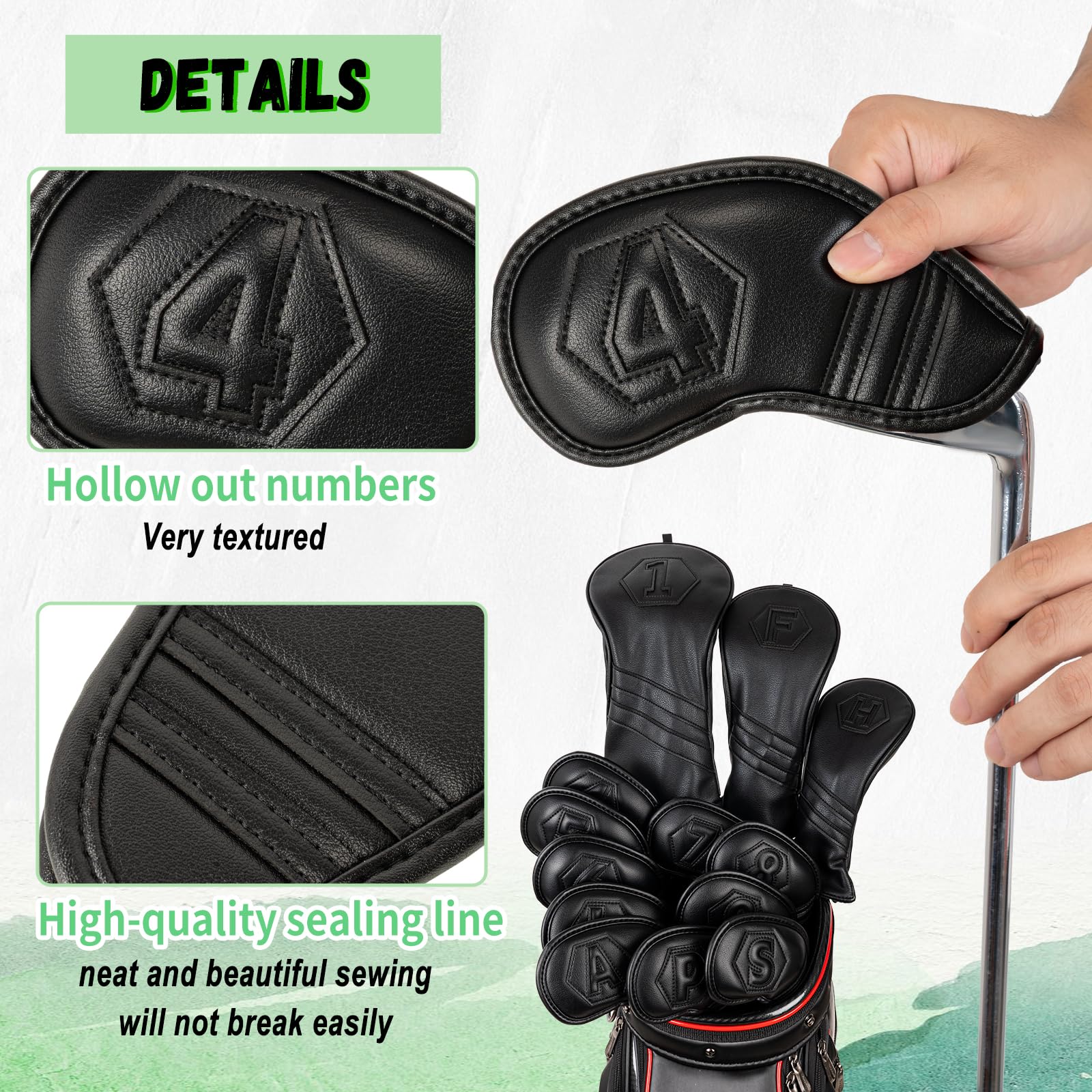 Golf Club Head Covers Irons/1FH/Driver/Fairway/Hybrid/Putter Black PU Leather