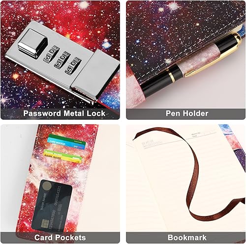Miniatura 2 de sayrrame Diario con candado para mujeres y niñas, diario Galaxy con candado para escribir, cuaderno recargable de cuero secreto A5 con Lcok, 192