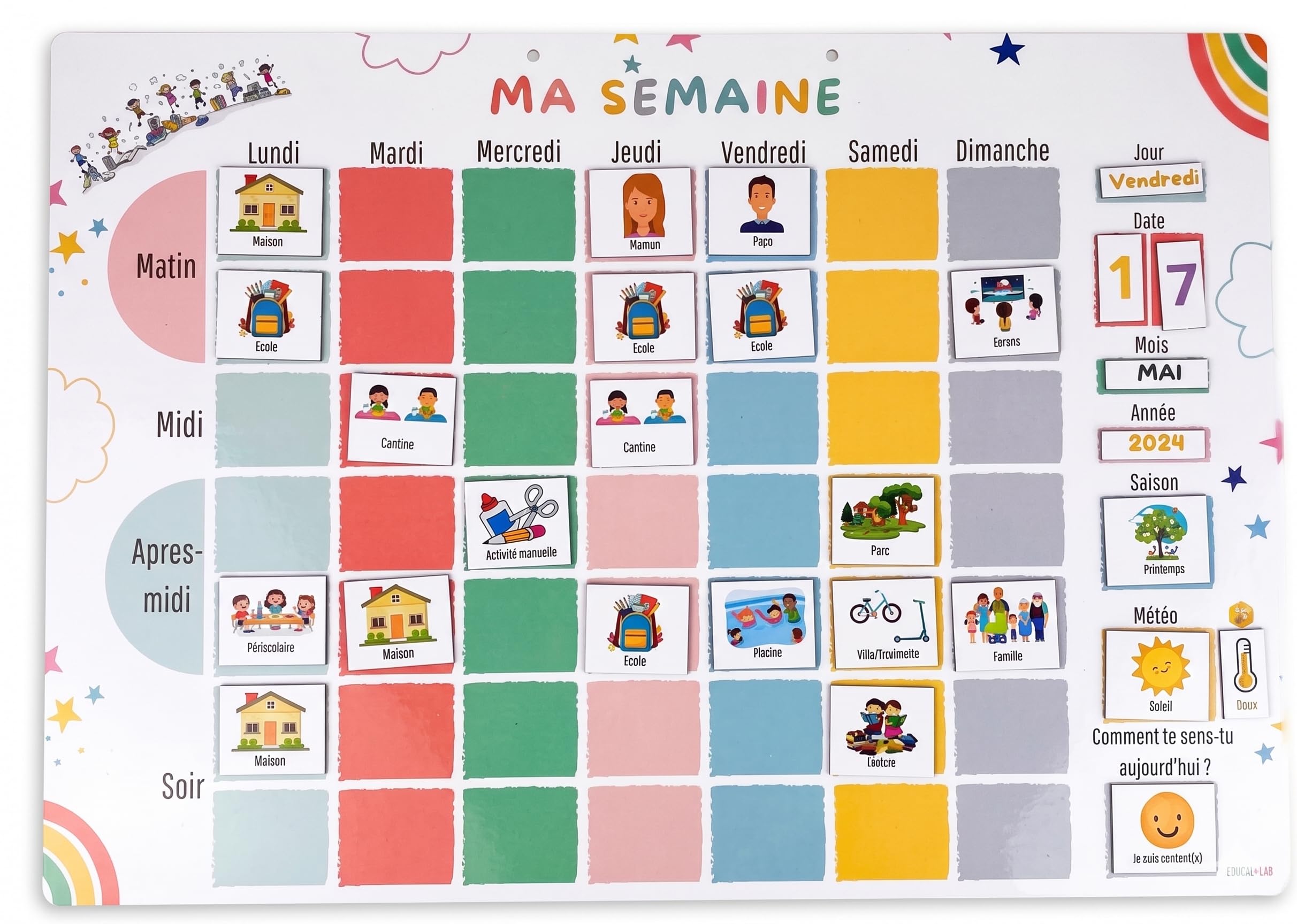 265 Magnets - Grand semainier magnétique Enfant – Organisation Semaine – Évolutif & inspiré Montessori