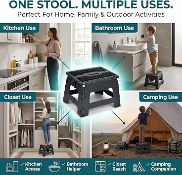 Folding Step Stool 9 Inch Heavy Duty 250 lbs Capacity Black, Portable Collapsible Stool with Carry Handle, Anti-Slip Surface for Adults & Kids, Kitchen Bathroom Camping