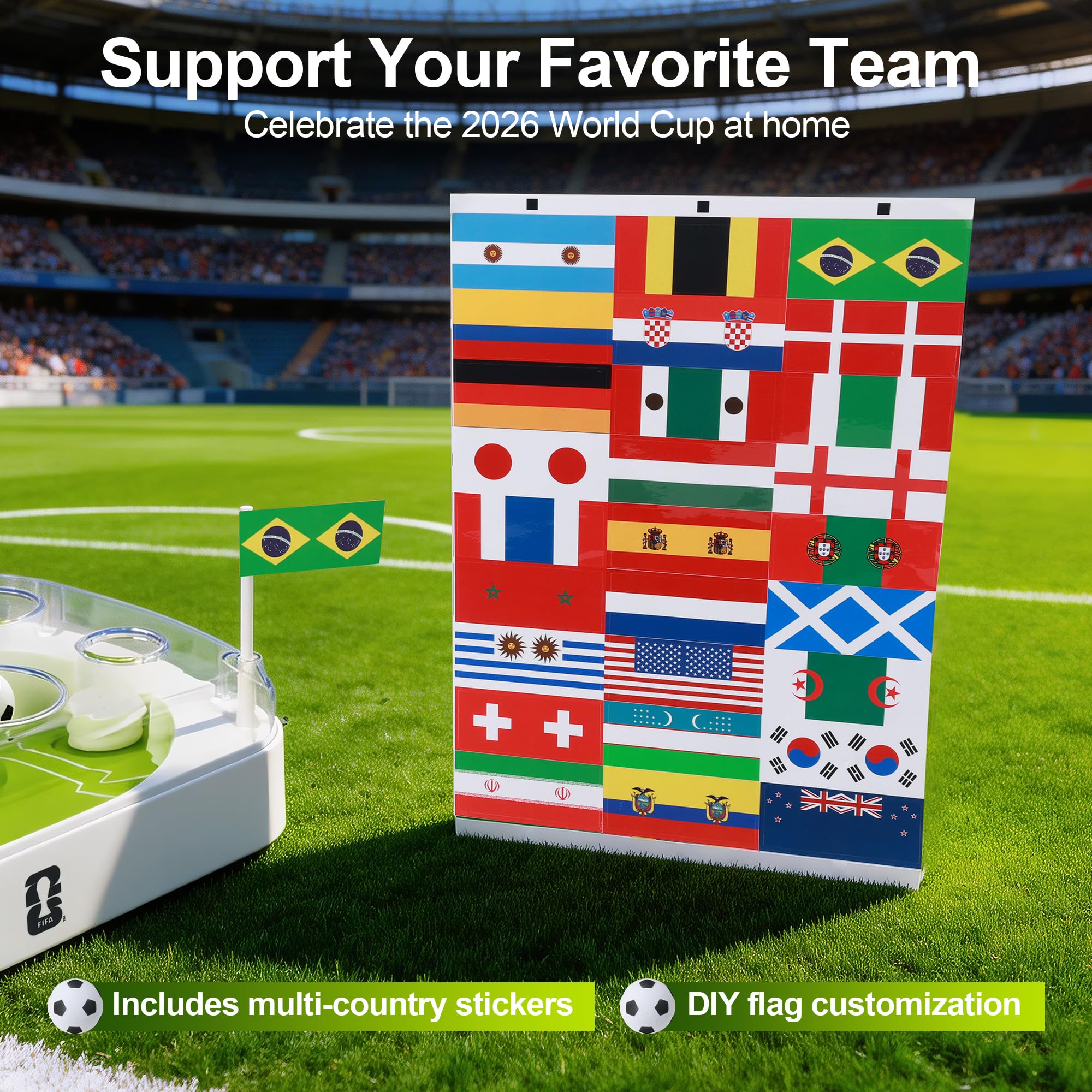 Offizielle FIFA WM 2026 Edition - Interaktives Katzenspielzeug mit Fußballfeld-Design, automatisches Katzenspielzeug mit bewegungsaktivierten Flip-Push-Bällen, anpassbare Team-Aufkleber, perfekt für