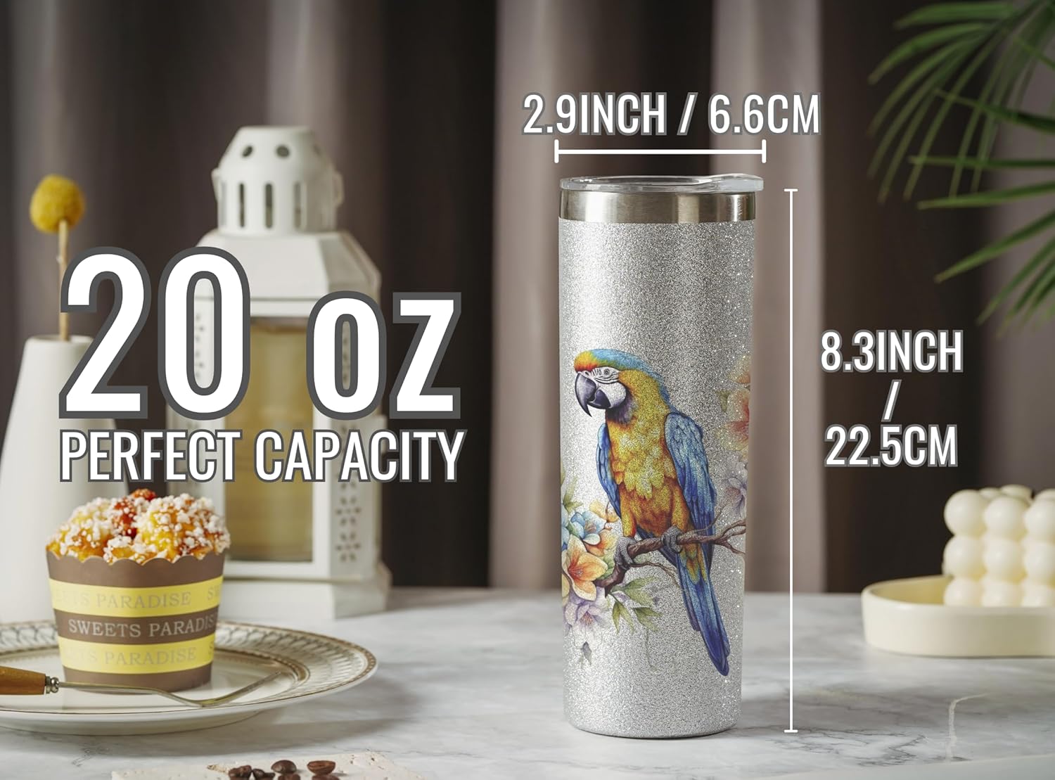 Onebttl Parrot Gifts for Parrot Lovers, 20oz Silver Glitter Skinny Tumbler included Lid & Straw - Image 5