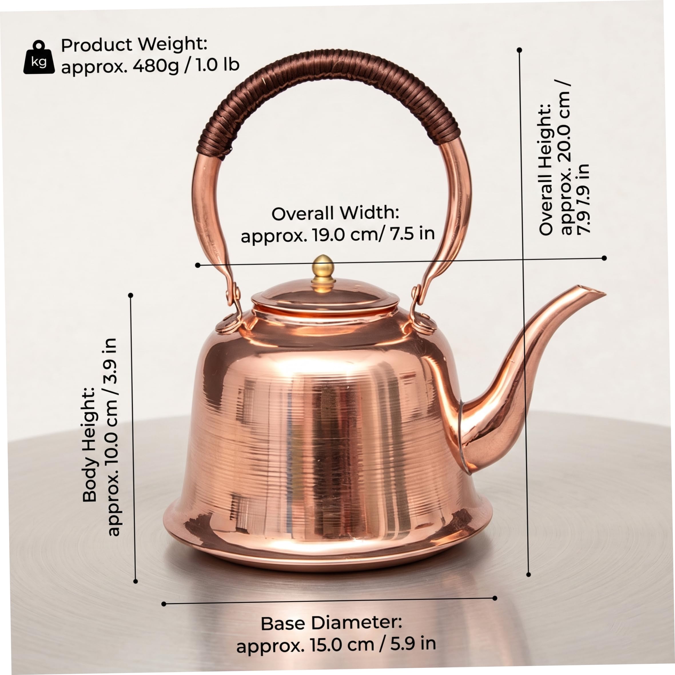 Kupfer-Teekessel, Retro 1l Kupfer-Kochkessel für Induktions- und Gasherde