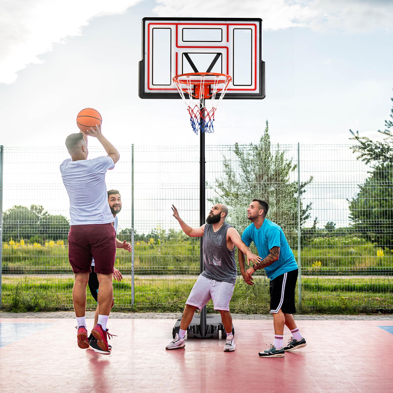 LEADZM Canasta de baloncesto exterior con soporte y ruedas, 2 redes, pelota de baloncesto para adultos y niños, altura ajustable para jardín y patio, 135-305 cm de altura