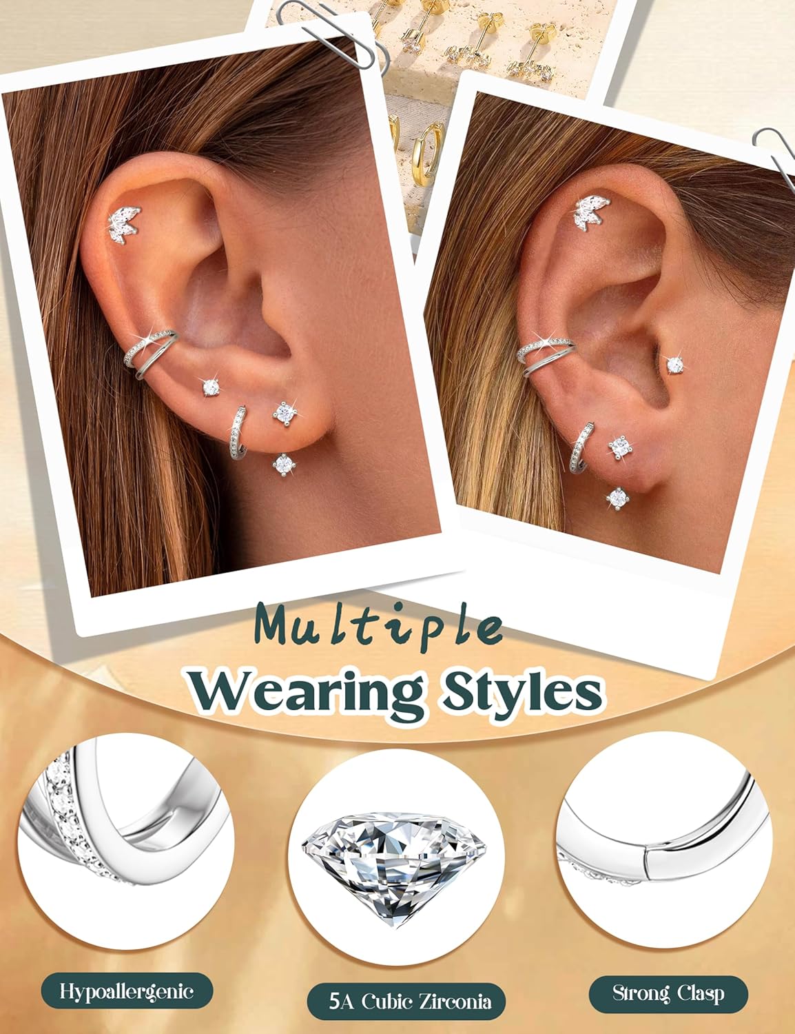 Florideco 925 Sterling Silver Earrings for Women Trendy Hypoallergenic Small Gold Hoop Earrings 14K Gold Plated Stud Earring Sets for Multiple Piercing CZ Ear Cuff Cartilage Earring Stacks - Image 5