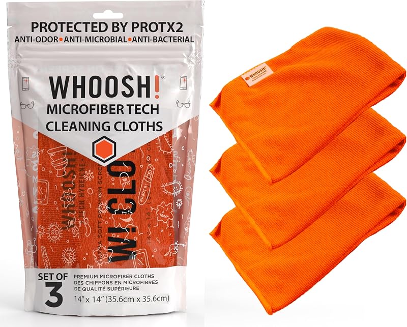 WHOOSH! Microfiber Glasses & Screen Cleaning Cloth, 3 Pack, 14x14, Orange | Machine Washable, Suitable for Electronics – TV, Car, Computer, Laptop, Monitor & Eyeglasses, Prevents Scratches, Lint Free