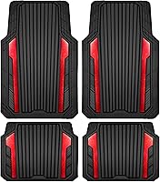 CAR PASS Heavy Duty Rubber Floor Mats Metallic Aluminum Film - All Weather Waterproof Trim-to-Fit 4pc Deep Dish Black Red Chrome SUV Sedan Van