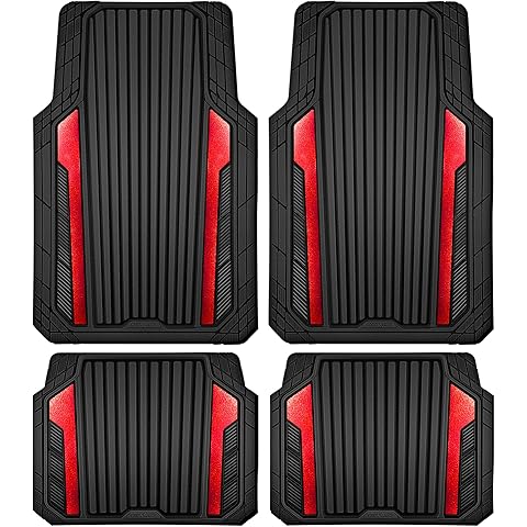 CAR PASS Heavy Duty Rubber Car Mats Metallic, Aluminum Film All Weather Floor Mats Waterproof Universal Trim to Fit Automotive SUV Sedan Van 4 Piece Anodized Deep Dish Two-Tone Sporty Black Red Chrome