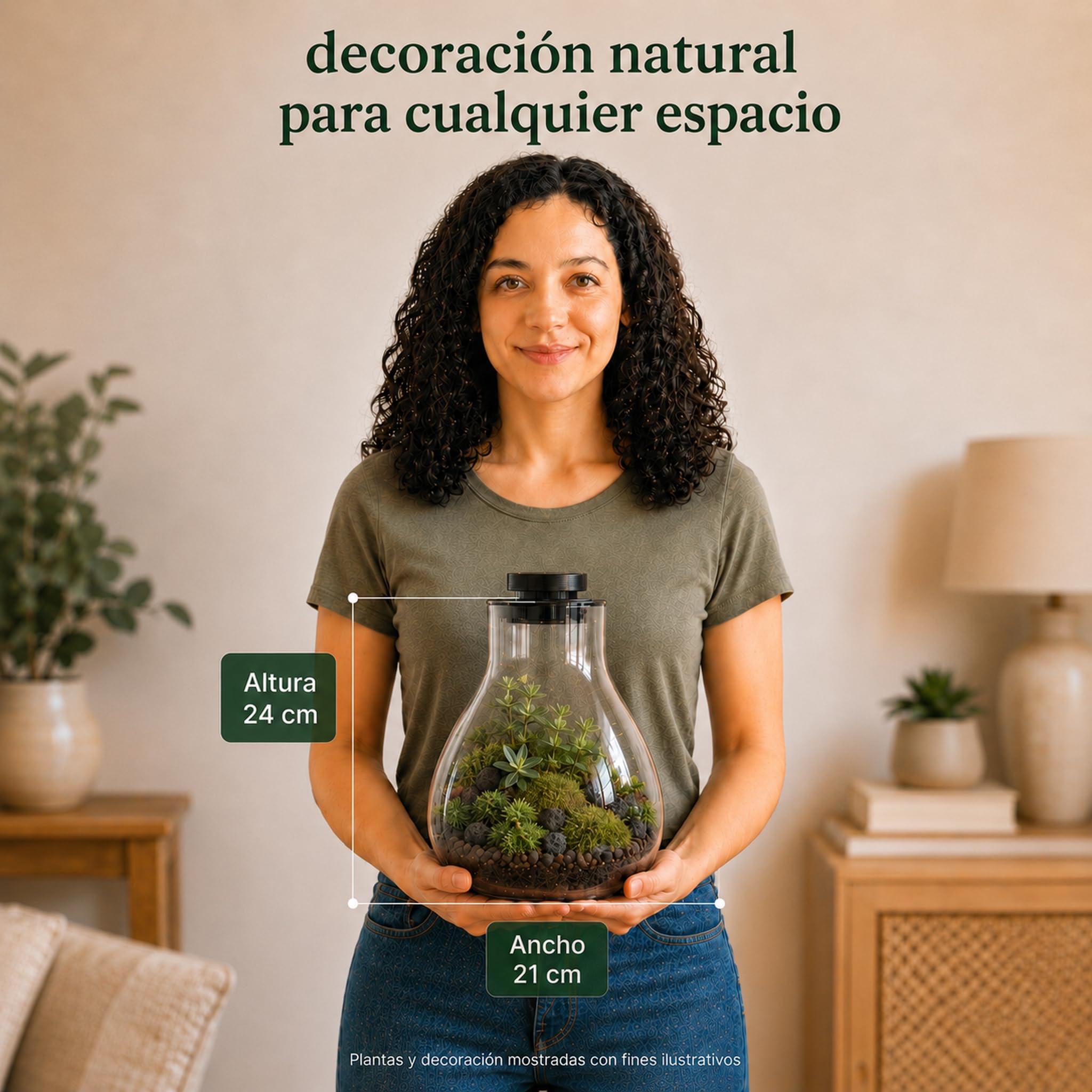Kit Terrario XL Completo con Luz Smart LED para Jardín Eterno | Kit XL con recipiente 4L, luz Smart LED, herramientas, sustrato, grava, carbón activo y bote de riego antisalpicaduras