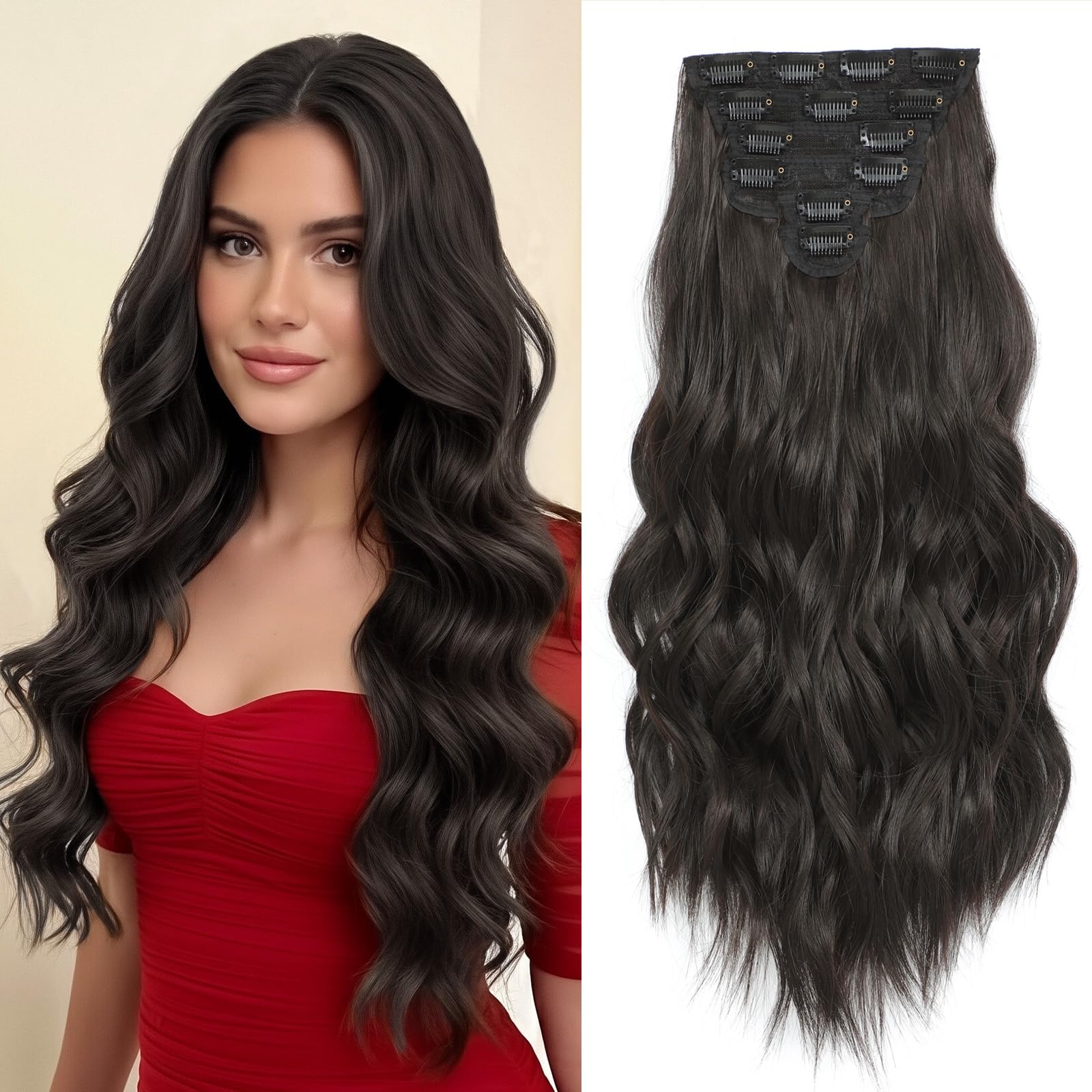 Clip In Hair Extensions Synthetic Dark Brown 20 Inch 6PCS Long Wavy Thick MORICA Clip in Hair Extension 20 Inch Dark Brown Mix  main image 3